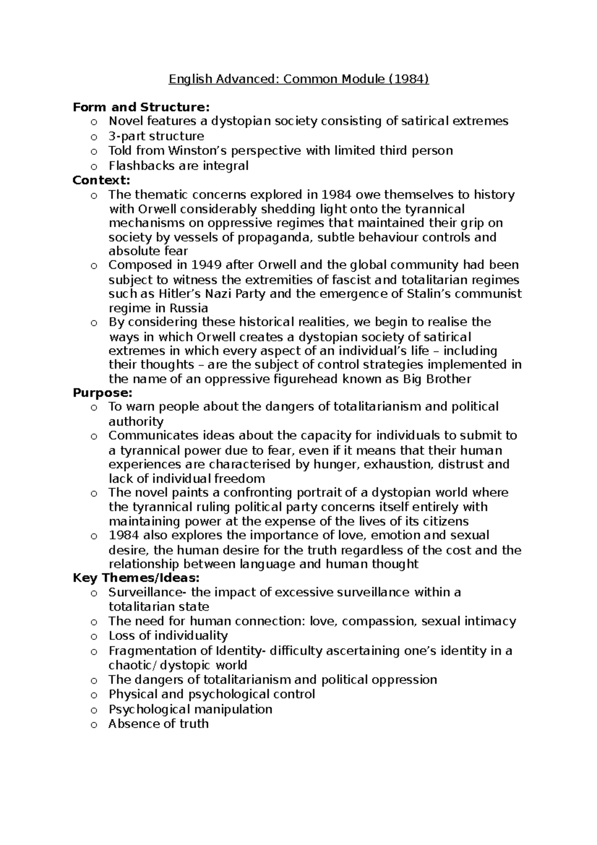 English Advanced HSC Final Notes on Orwell's 1984 Dystopian Themes ...
