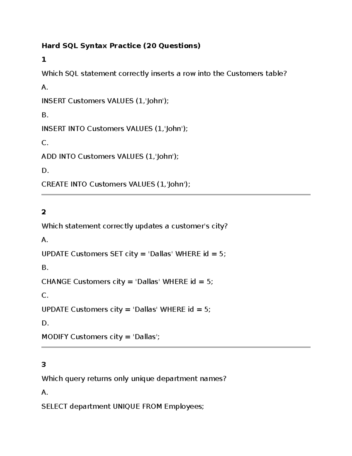 SQL Syntax Practice Questions (20 Qs) for Exam Prep - Studocu