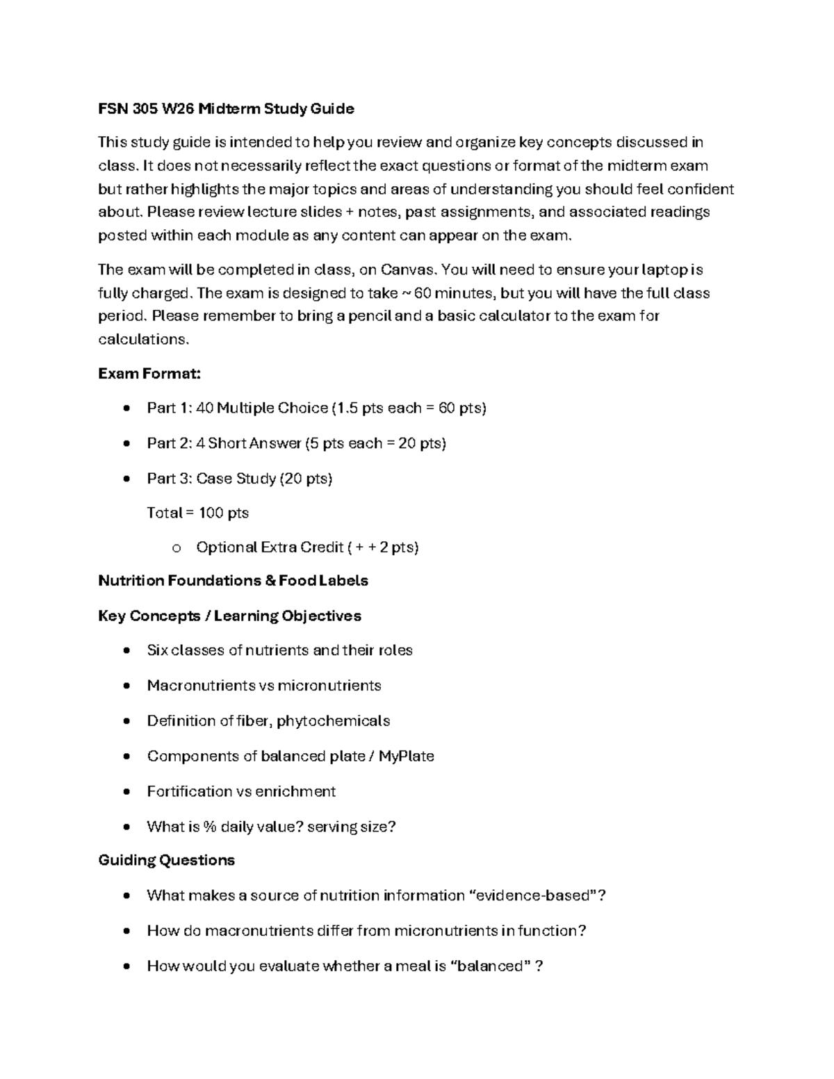 FSN 305 W26 Midterm Exam Study Guide: Key Concepts & Review - Studocu