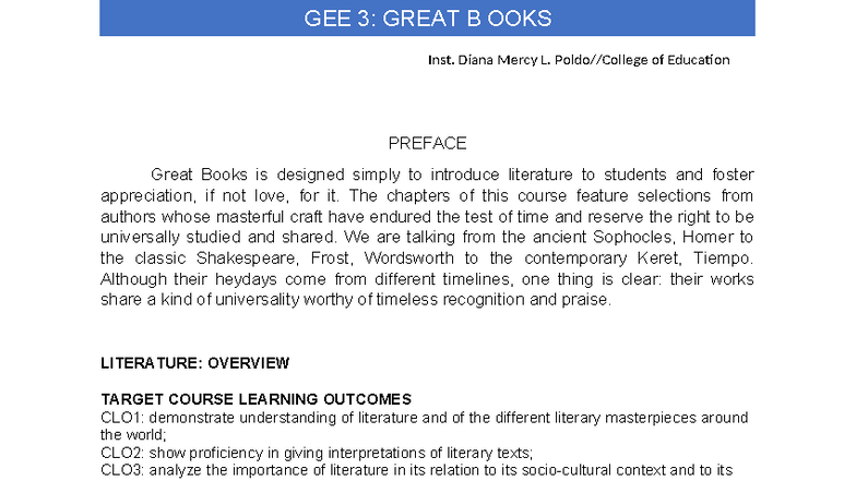 GEE 3: GREAT BOOKS Lesson 1 Overview and Importance of Literature - Studocu
