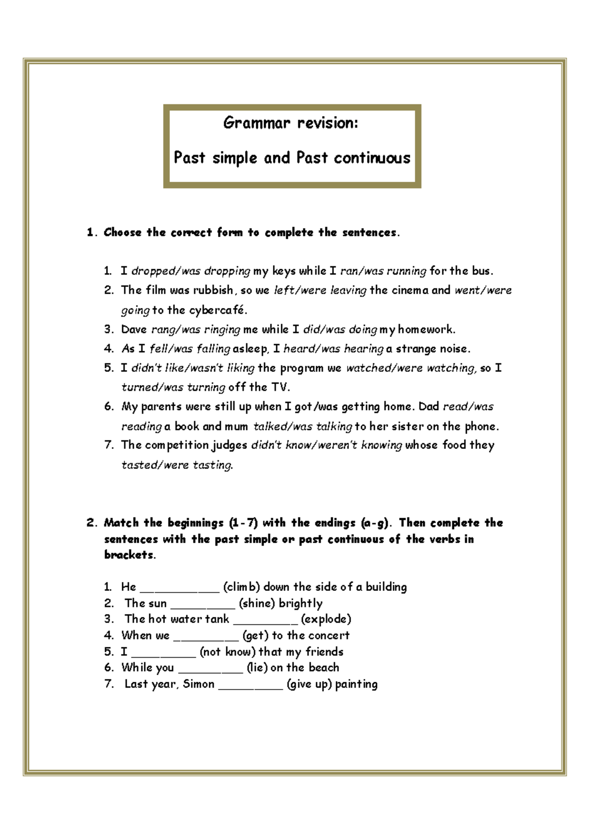 Grammar Revision: Past Simple vs. Past Continuous Exercises - Studocu