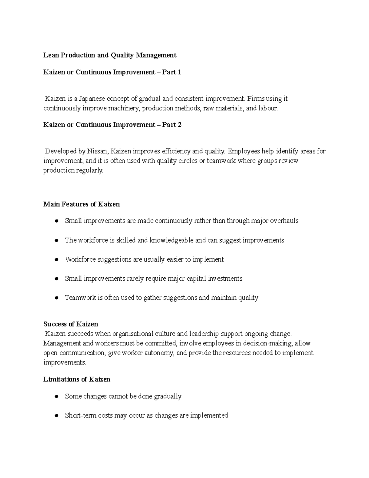 Lean Production and Quality Management: Kaizen & TQM Insights - Studocu