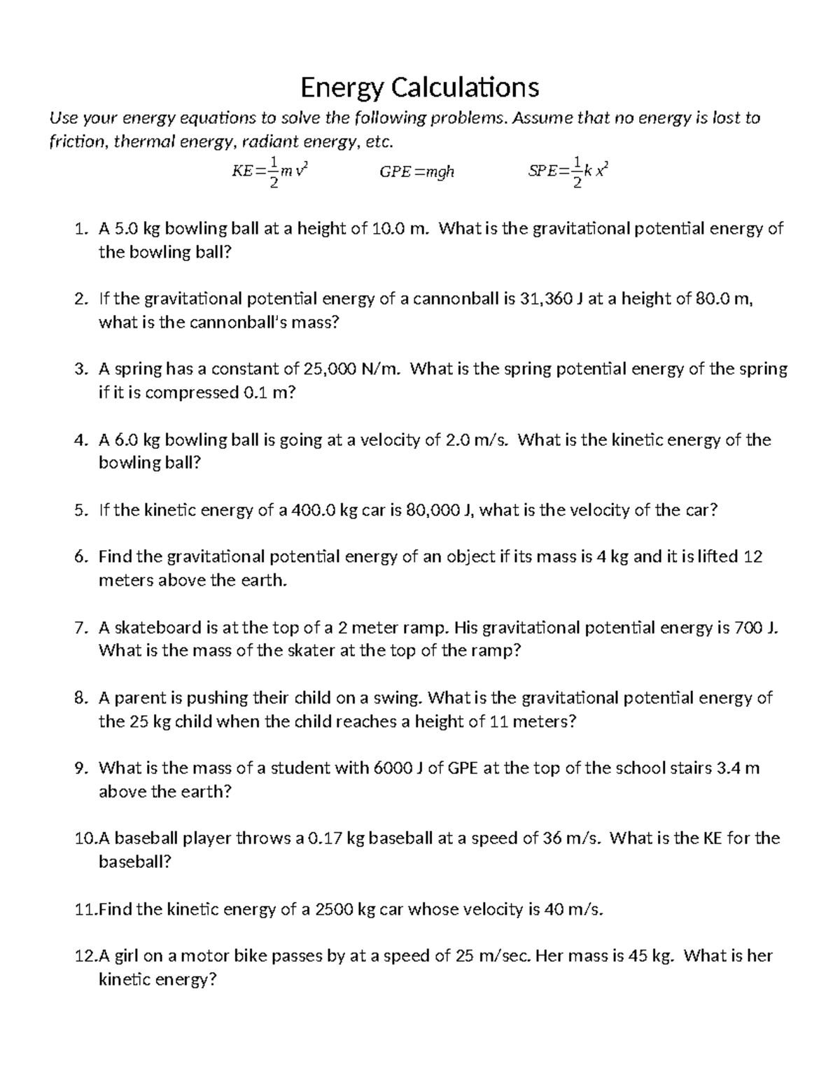 Energy+Calculation - .............. - Energy Calculations Use your ...