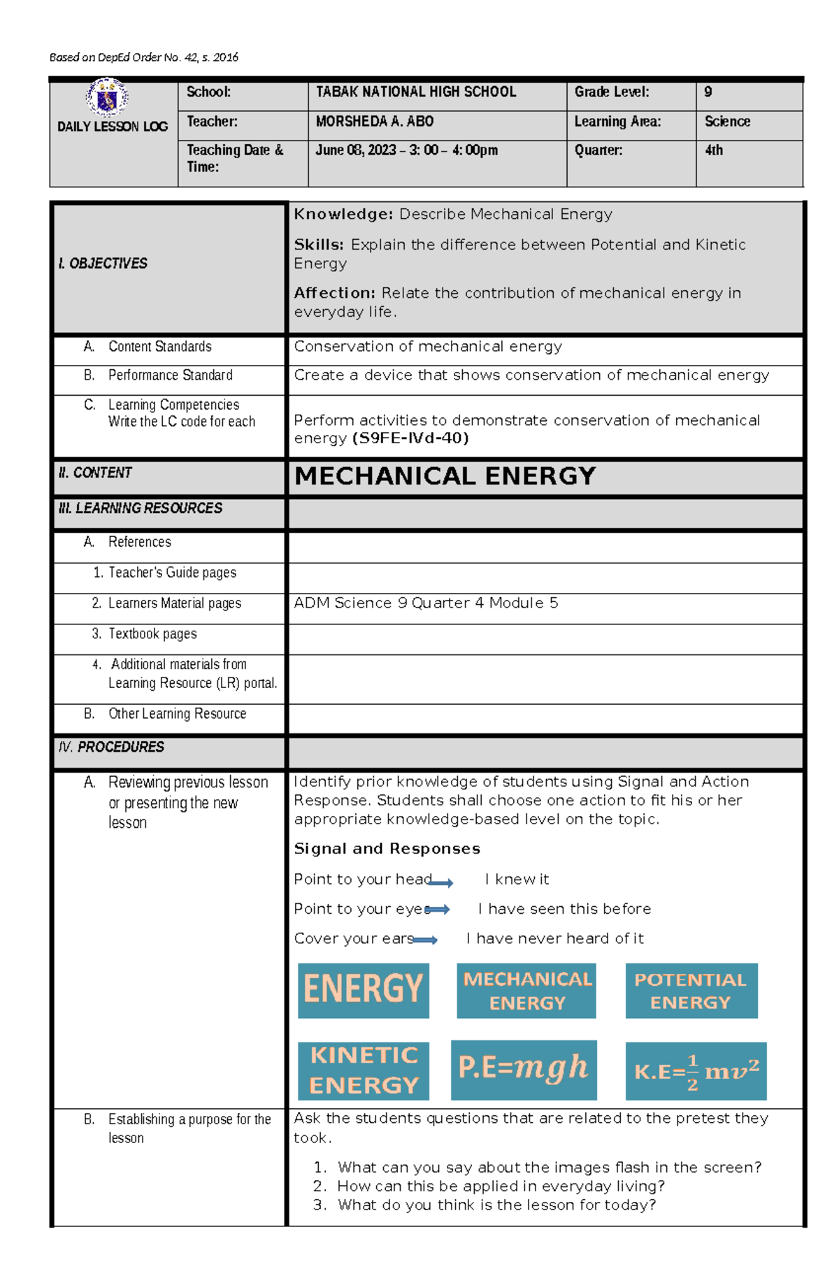 DLL COT2 - Daily Lesson Plan on Mechanical Energy for Science 9 - Studocu