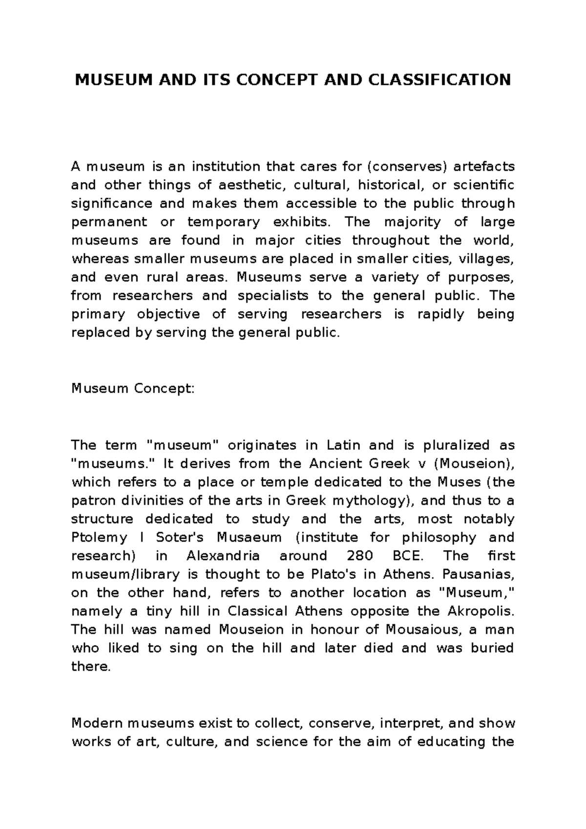 Museum Concepts and Classifications: An In-depth Exploration - Studocu