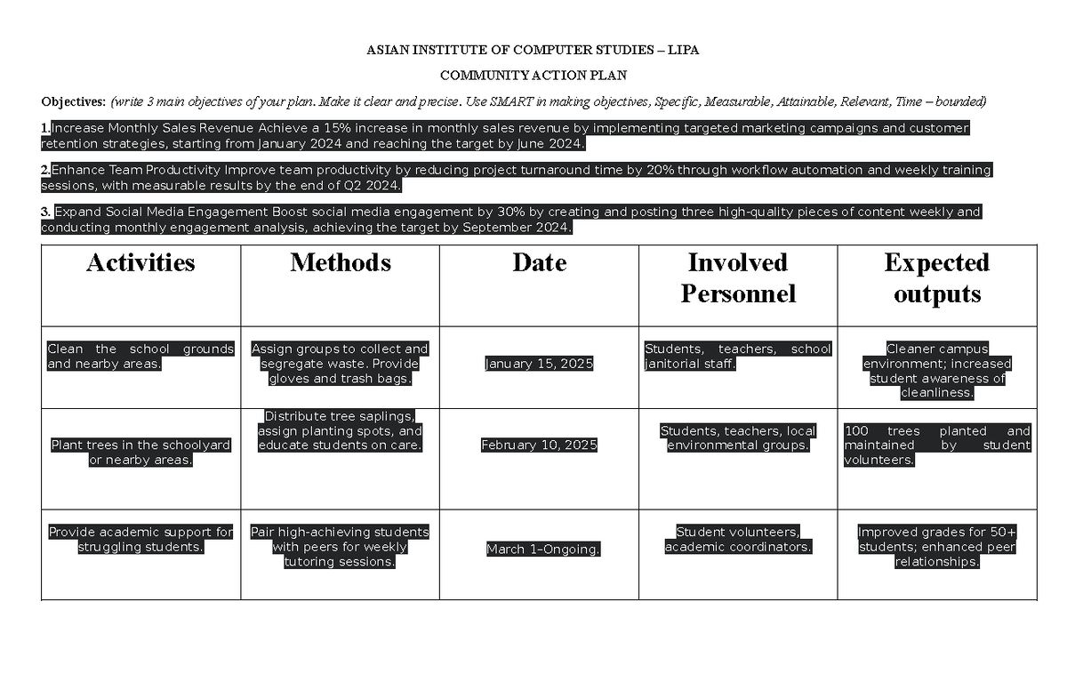 Community-action-plan - ASIAN INSTITUTE OF COMPUTER STUDIES – LIPA ...