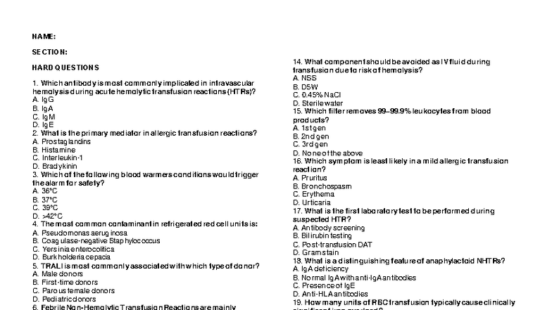 Transfusion Reaction Questionnaire (TRQ) - Comprehensive Study Guide ...