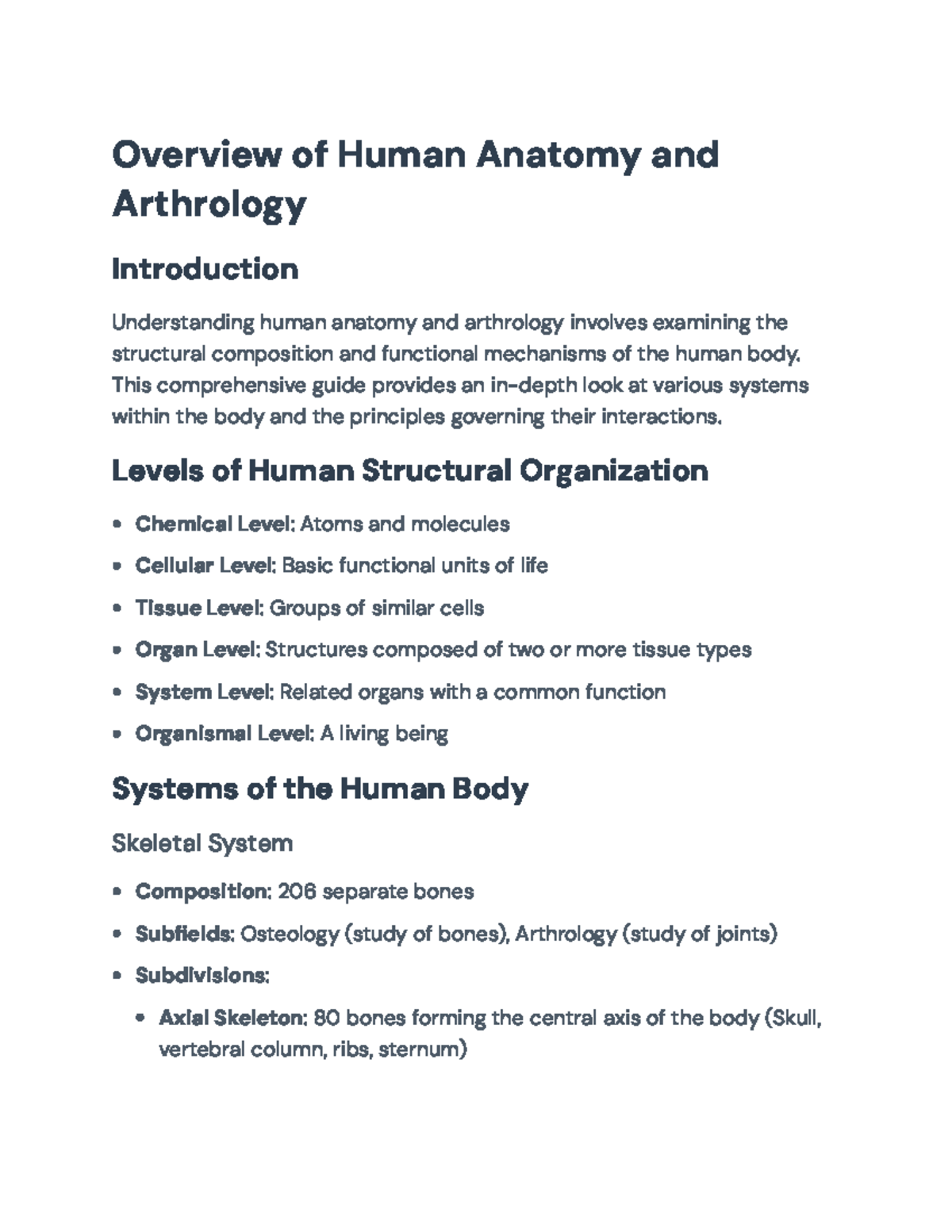 Comprehensive Overview of Human Anatomy and Arthrology (BIO 101 ...