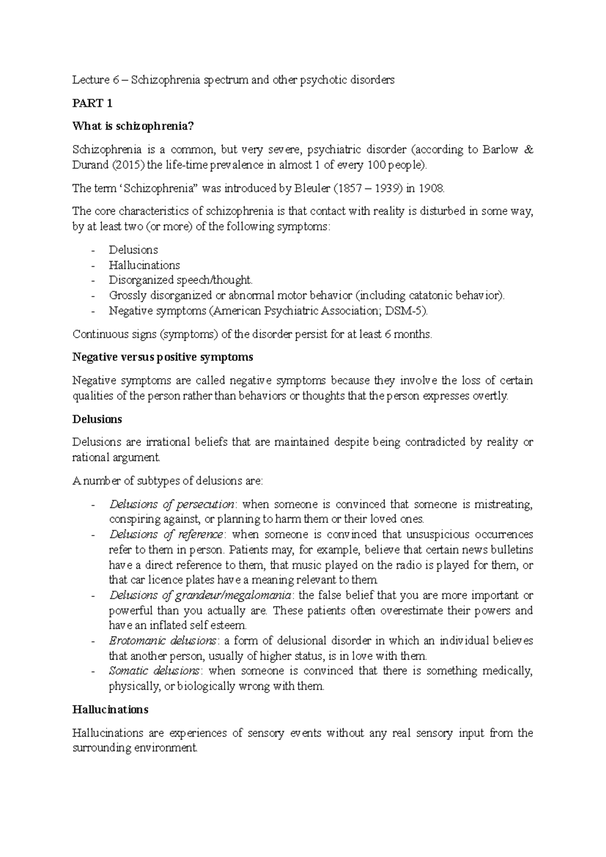 Lecture 6: Schizophrenia Spectrum & Other Psychotic Disorders Notes ...