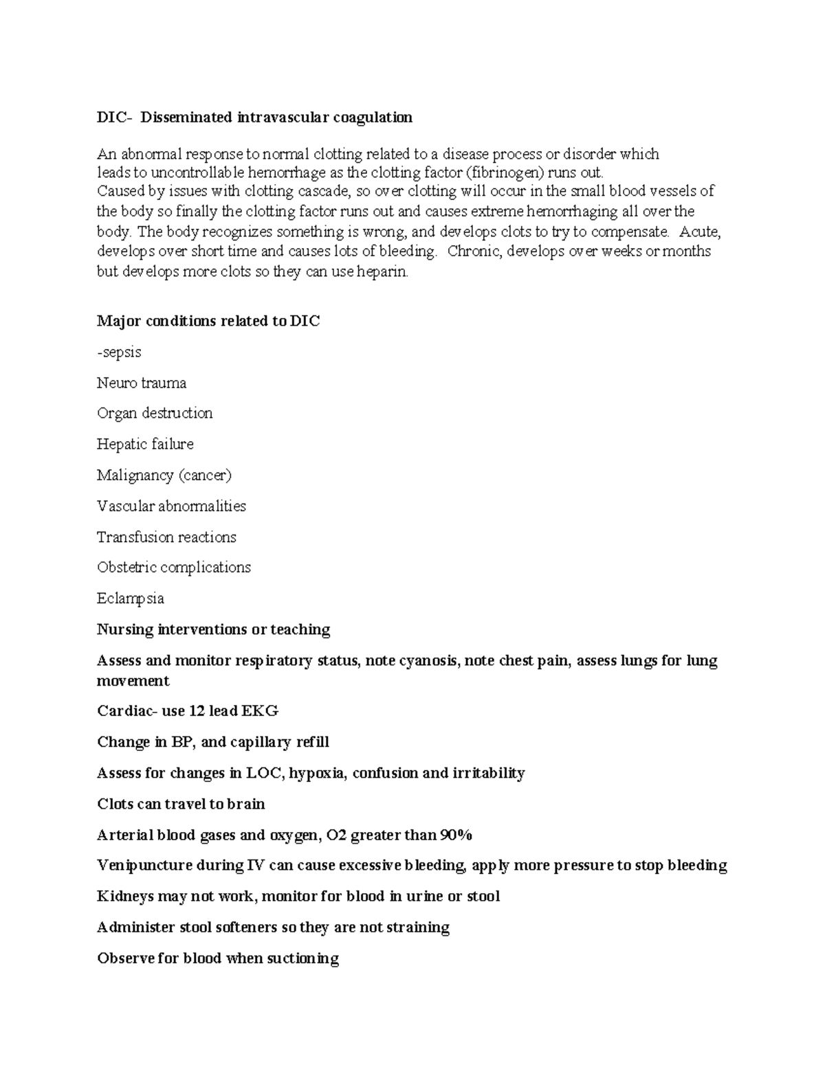 DIC - Notes on Disseminated Intravascular Coagulation - Studocu