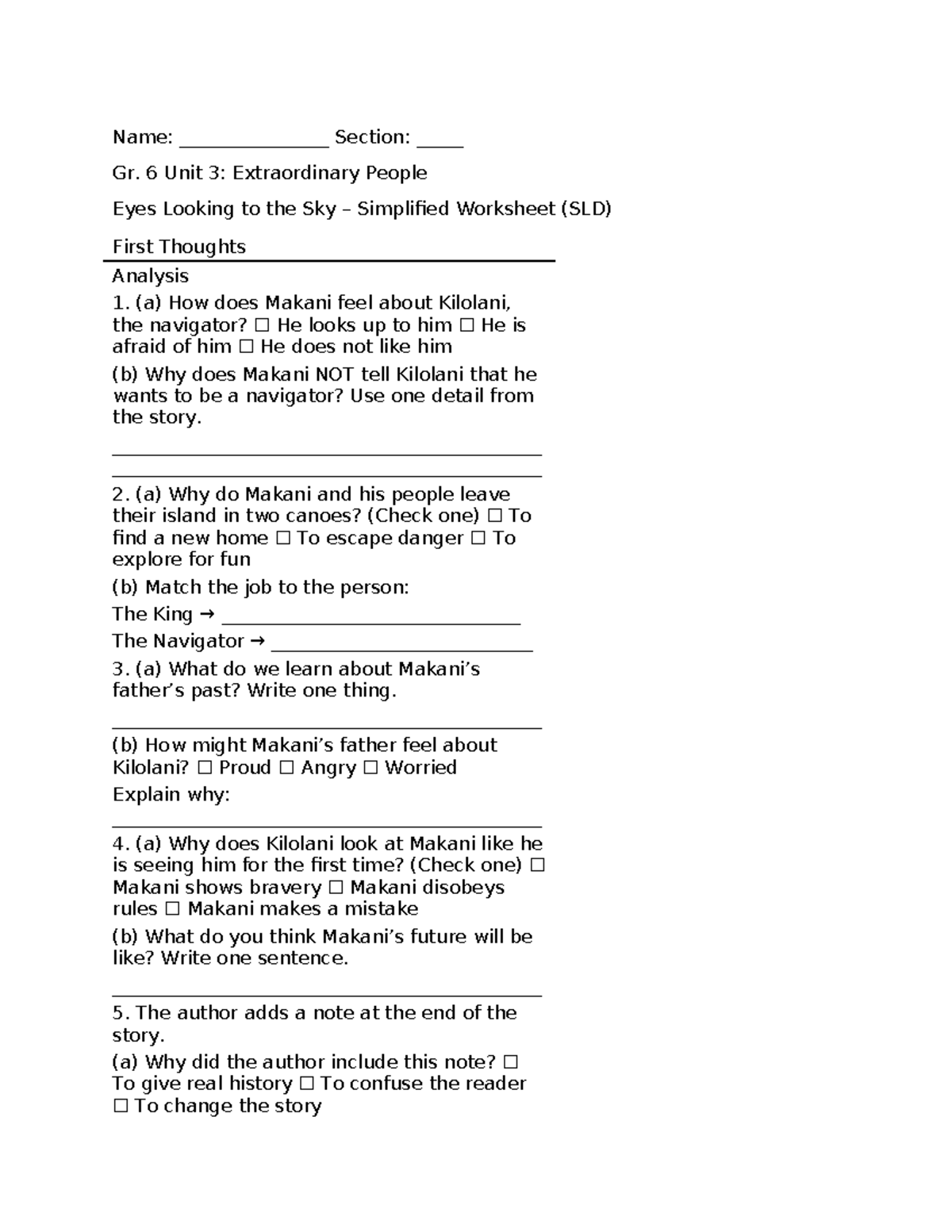 Gr. 6 Unit 3: Extraordinary People SLD Simplified Worksheet ...