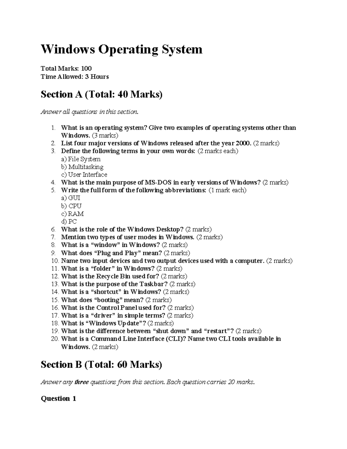 Windows Operating System Concepts - End of Semester Exam (100 Marks ...