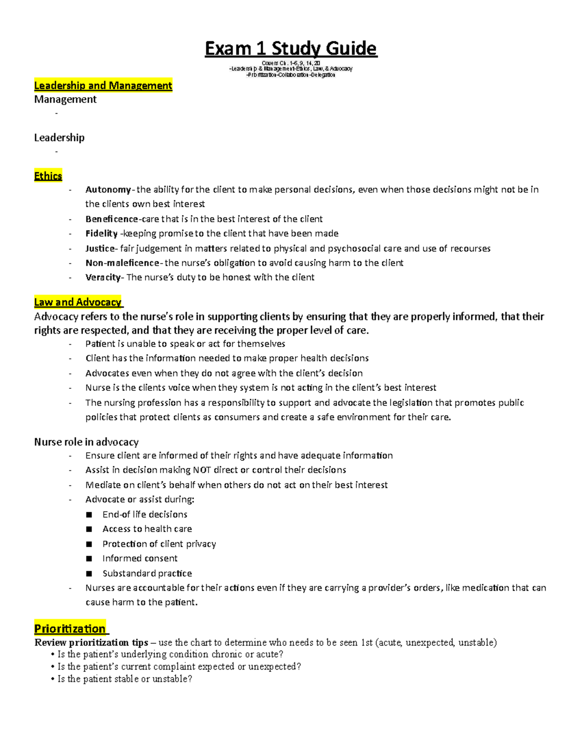Collab Exam 1 Study Guide: Leadership, Ethics & Prioritization Insights ...