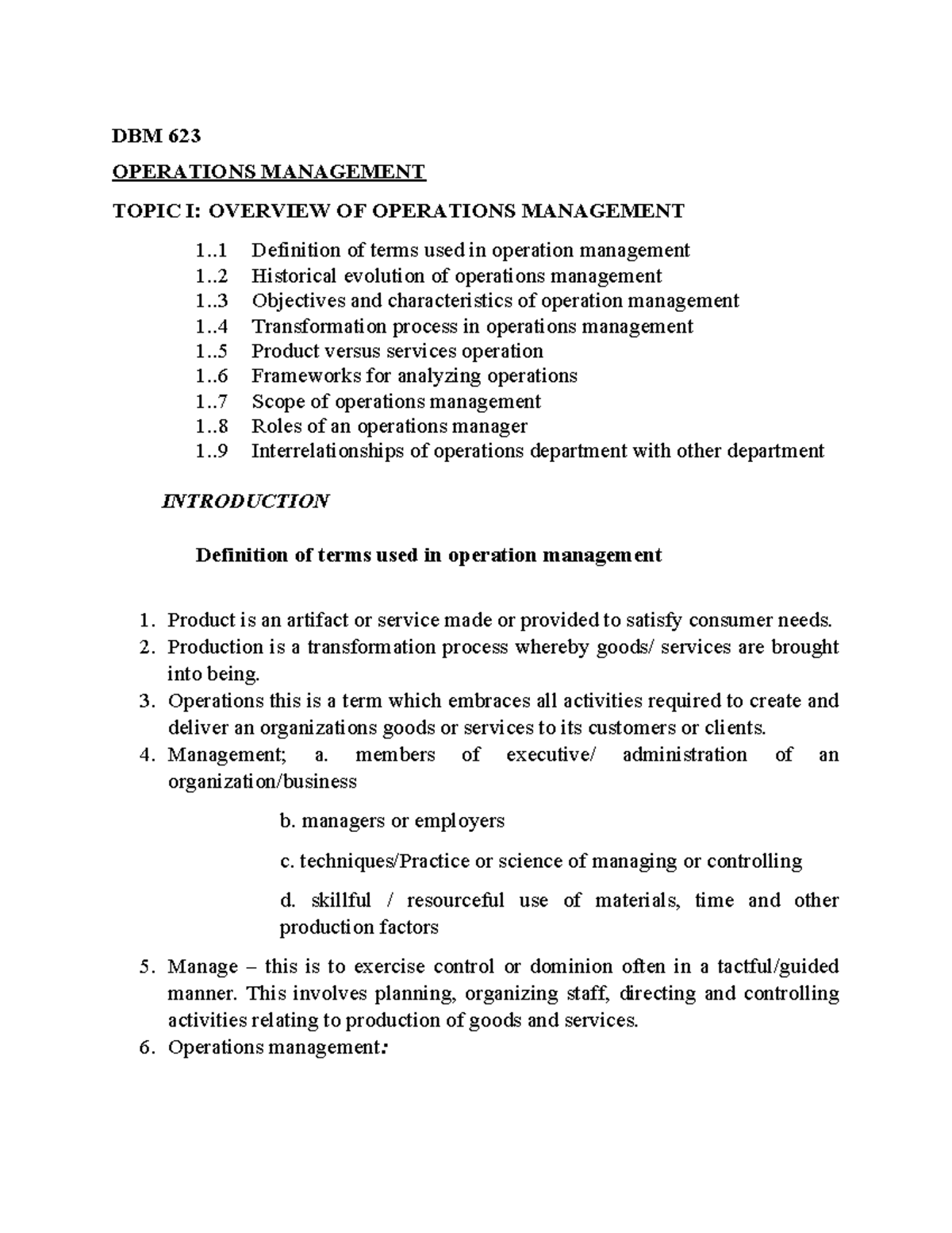DBM 623 Operations Management: Topic 1 Overview and Key Concepts - Studocu
