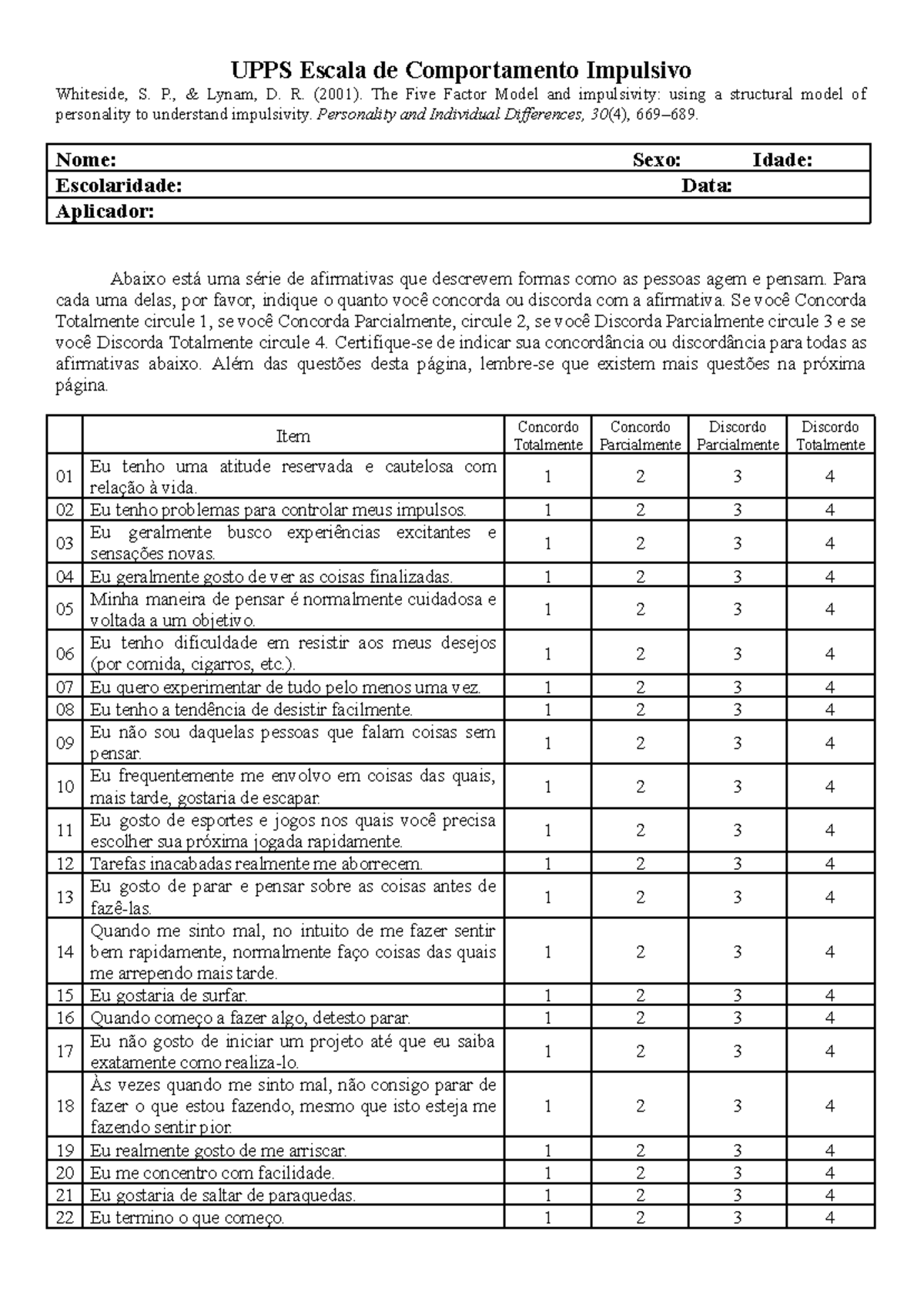 UPPS Escala de Comportamento Impulsivo - UPPS Escala de Comportamento ...