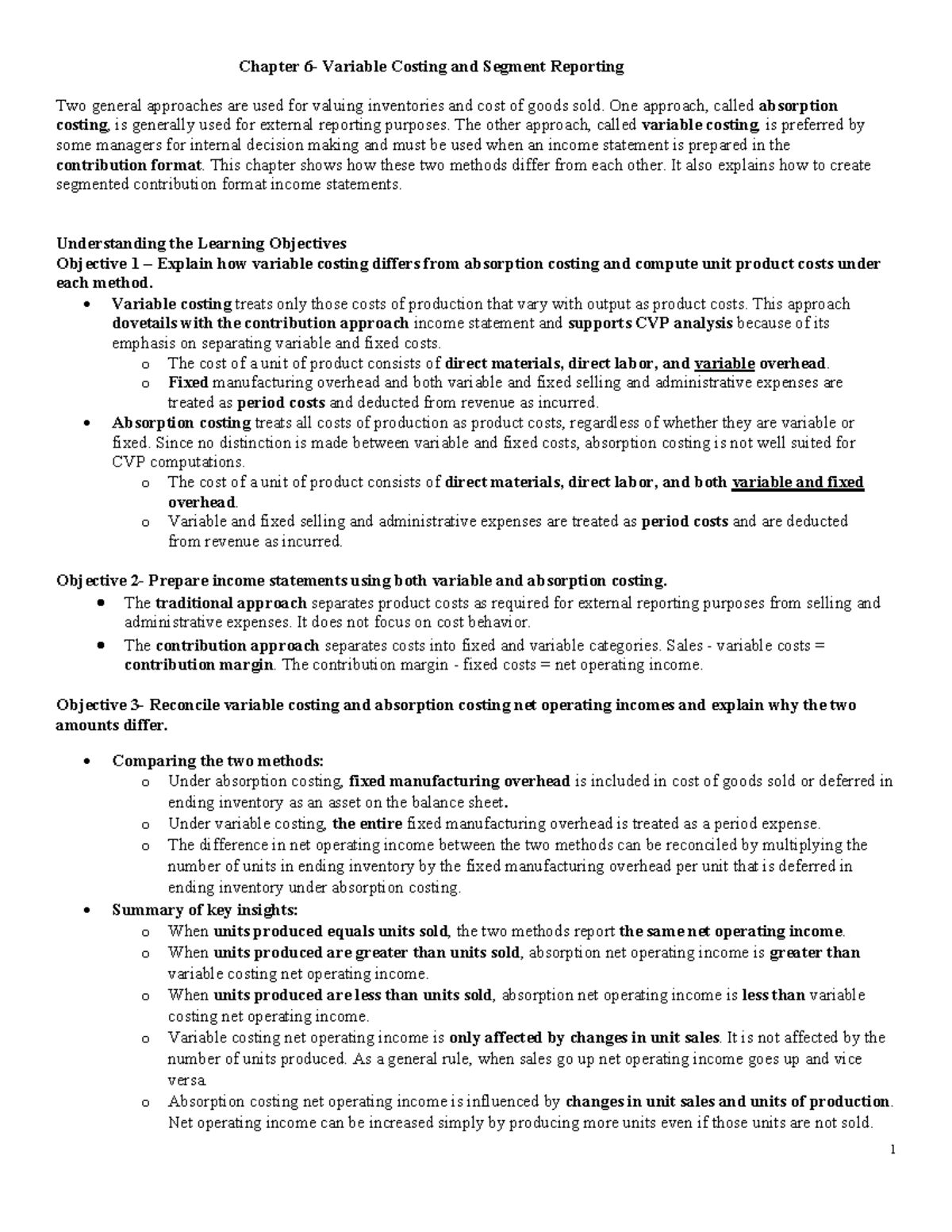 Chp 6 - Variable Costing & Segment Reporting Overview - Studocu