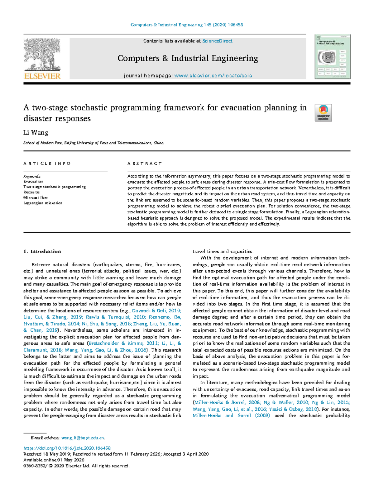 A Stochastic Programming Model for Evacuation Planning in IE 145 - Studocu