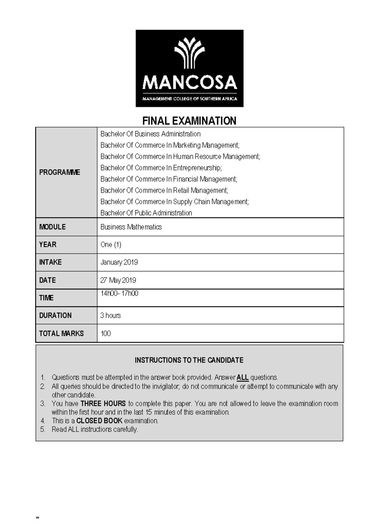 BUS Maths 101 - Final Exam Paper from May 27, 2019 - Studocu
