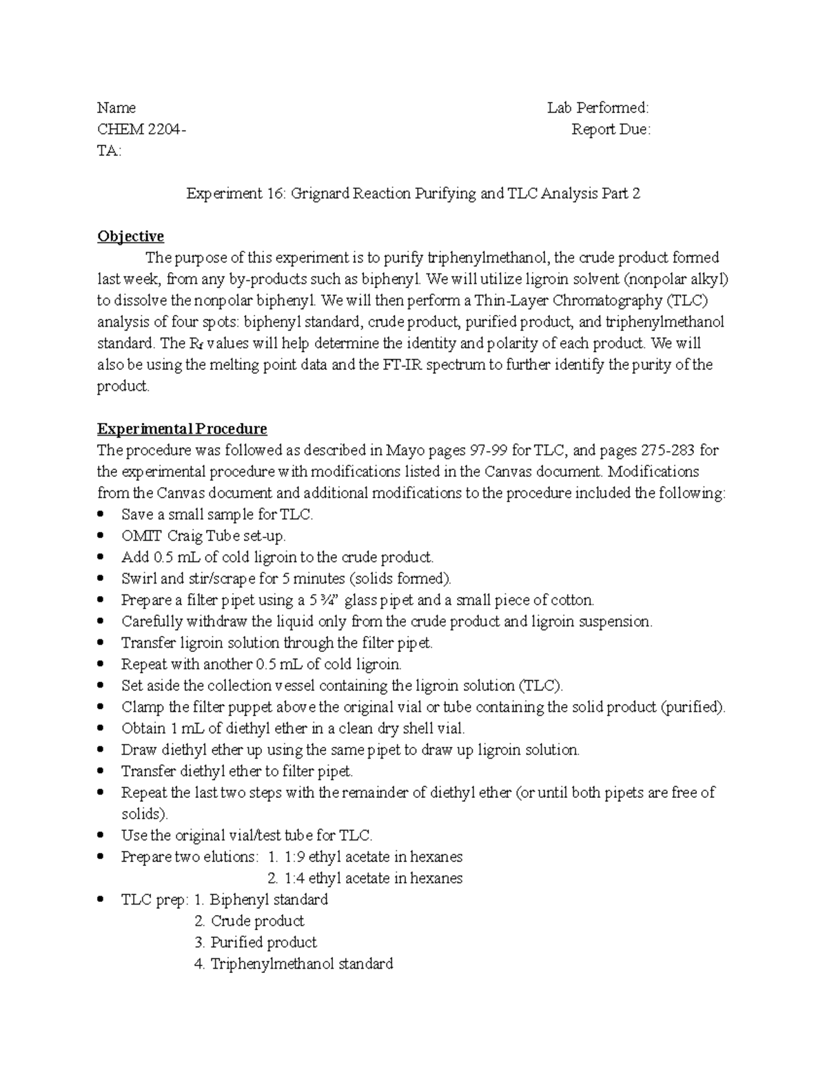 Grignard Reaction Purification & TLC Analysis - CHEM 2204TA Lab Report ...