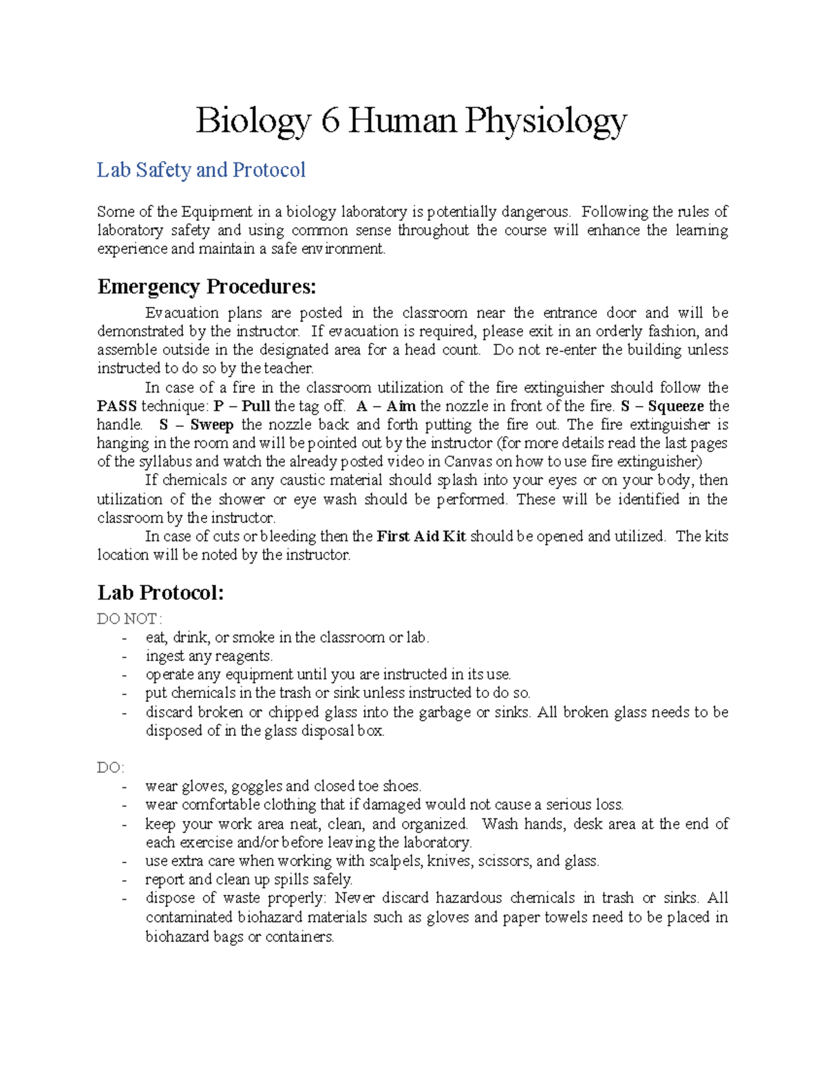 Biology 6 Lab Safety & Protocol Guidelines - B - Bio 291 - Studocu
