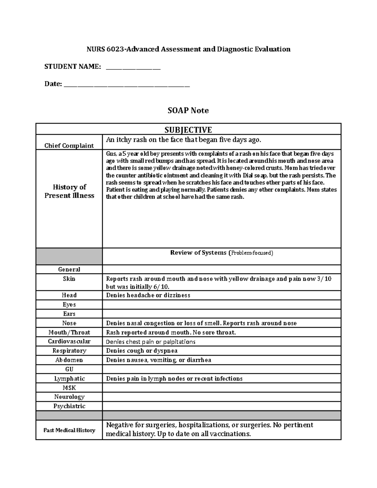 NURS 101: SOAP Note for Pediatric Rash Assessment - Studocu