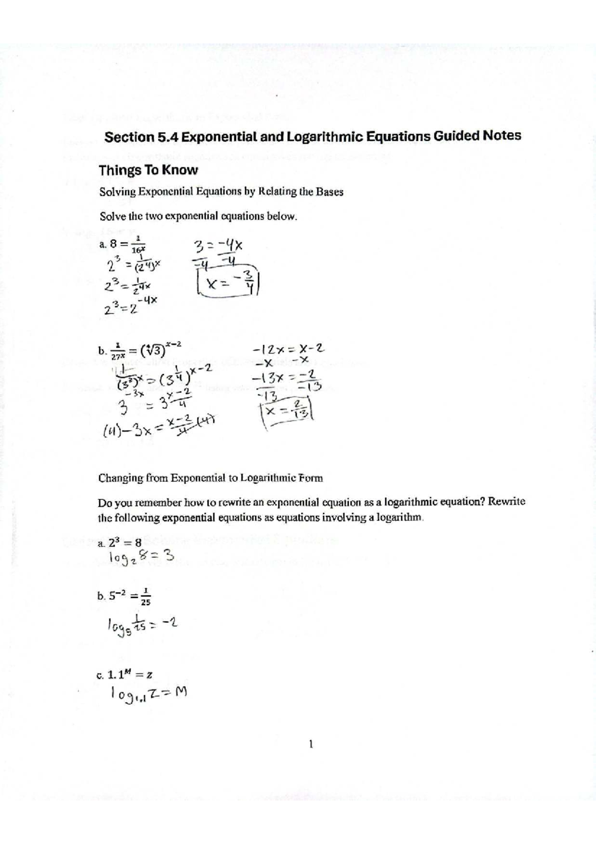 Section 5.4 Guided Notes: Exponential and Logarithmic Equations - Studocu