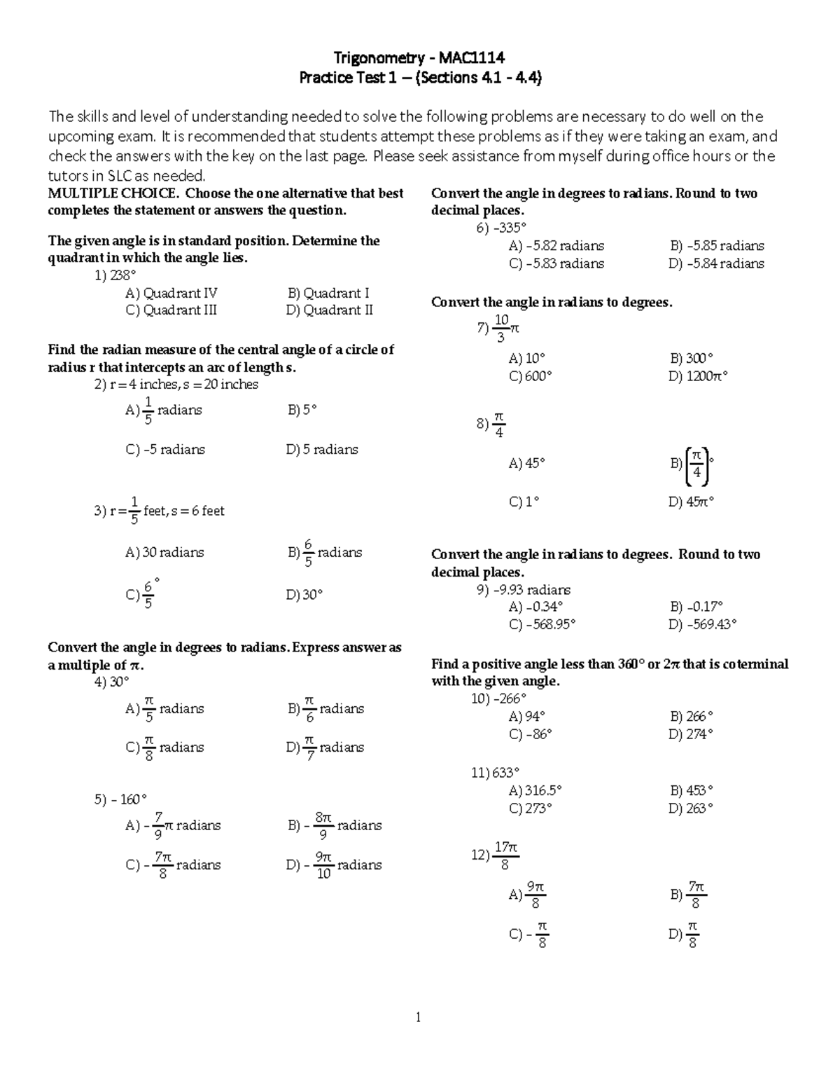 Practice Test 1 for MAC1114: Trigonometry Skills Review - Studocu