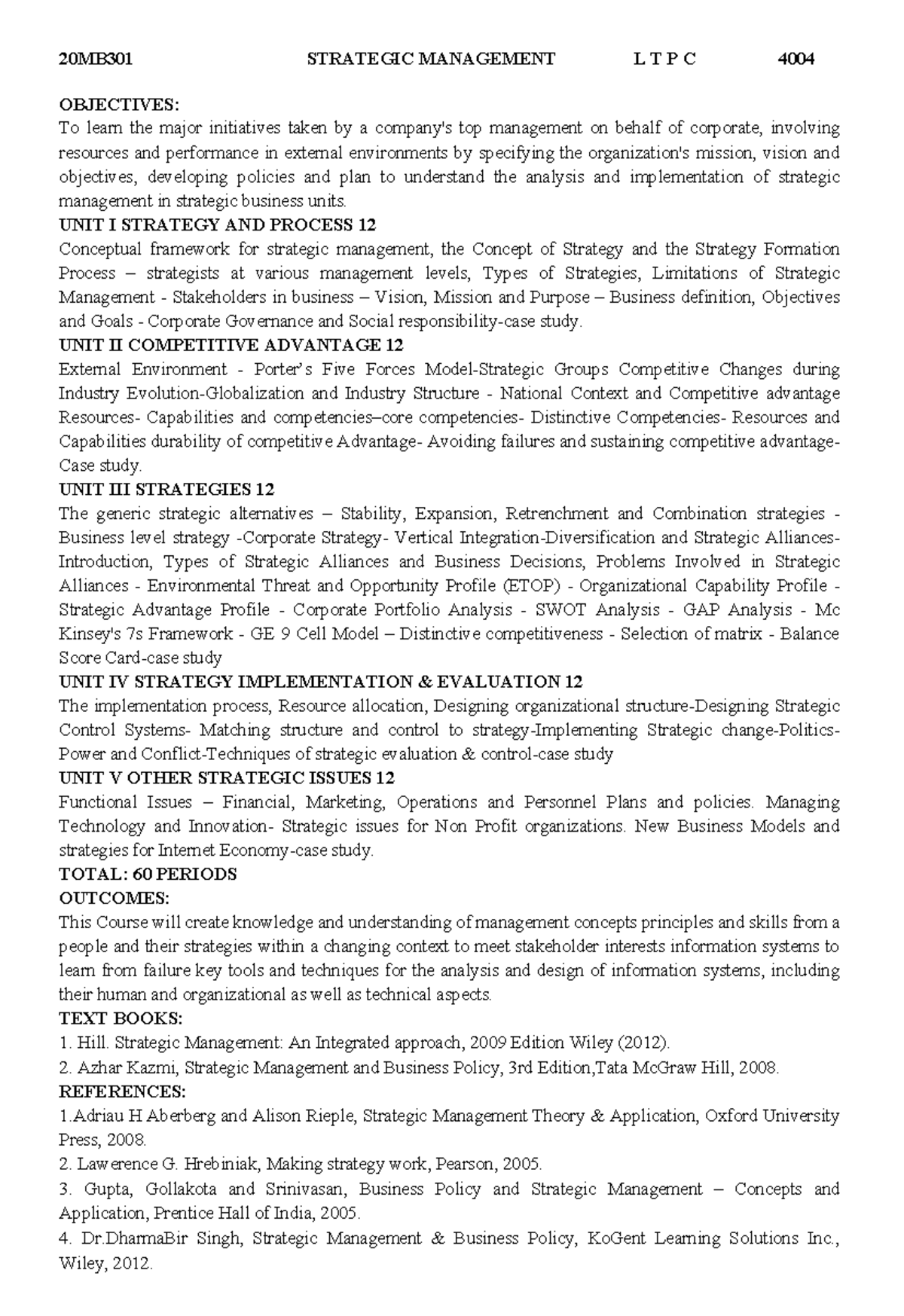 Syllabus R-2020: Strategic Management (20MB301) Overview and Units ...