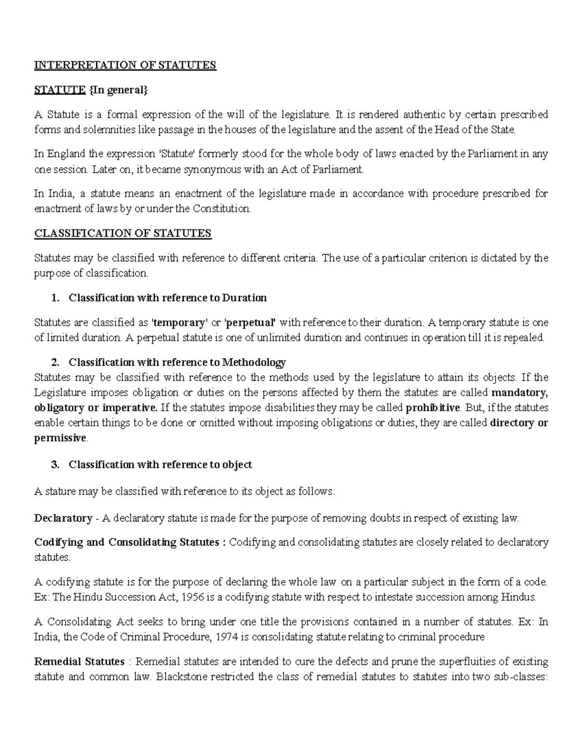 IOS UNIT I - UNIT 1 IOS - INTERPRETATION OF STATUTES STATUTE {In ...