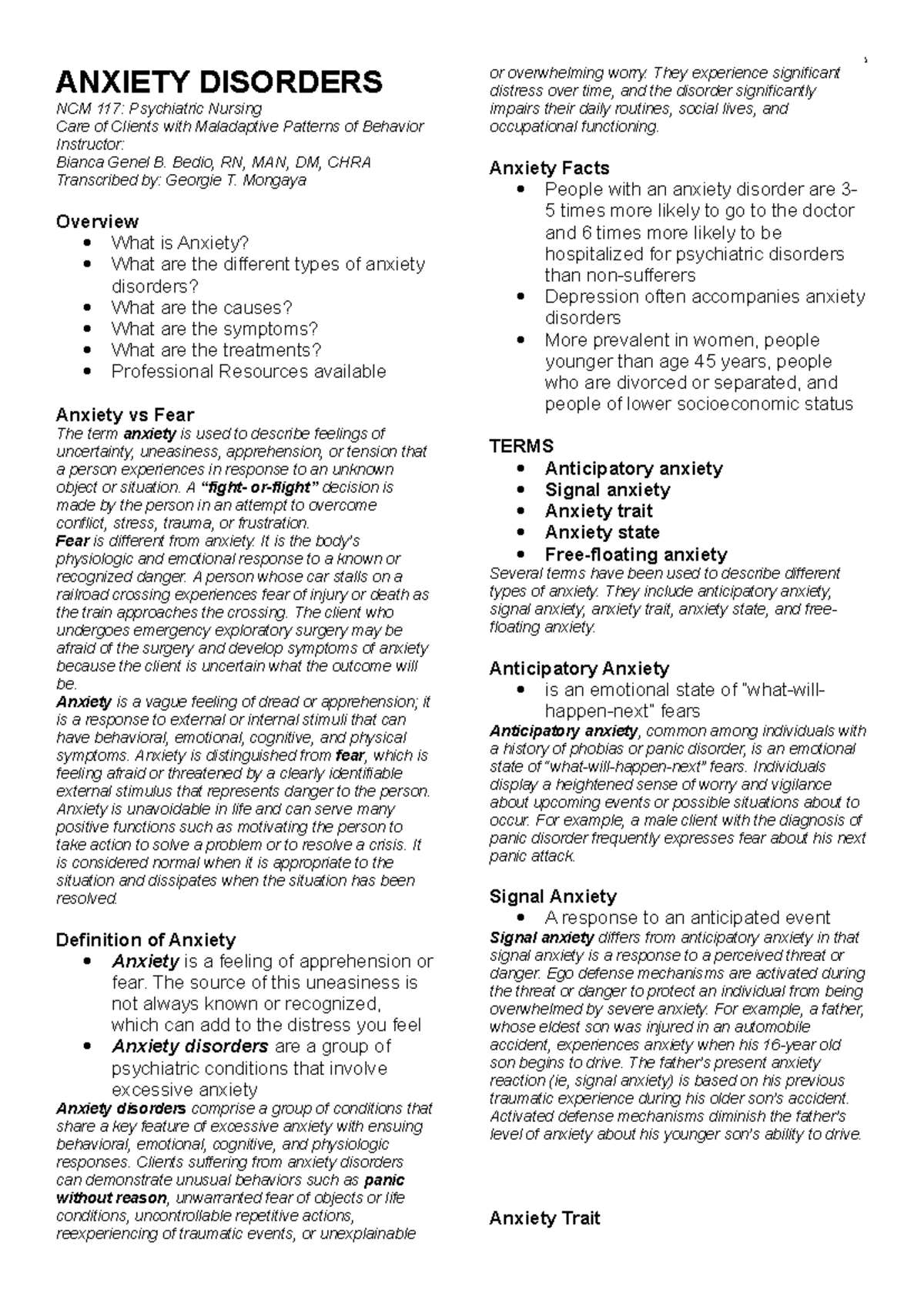 Anxiety Disorders Overview - NCM 117 Psychiatric Nursing Study Guide ...
