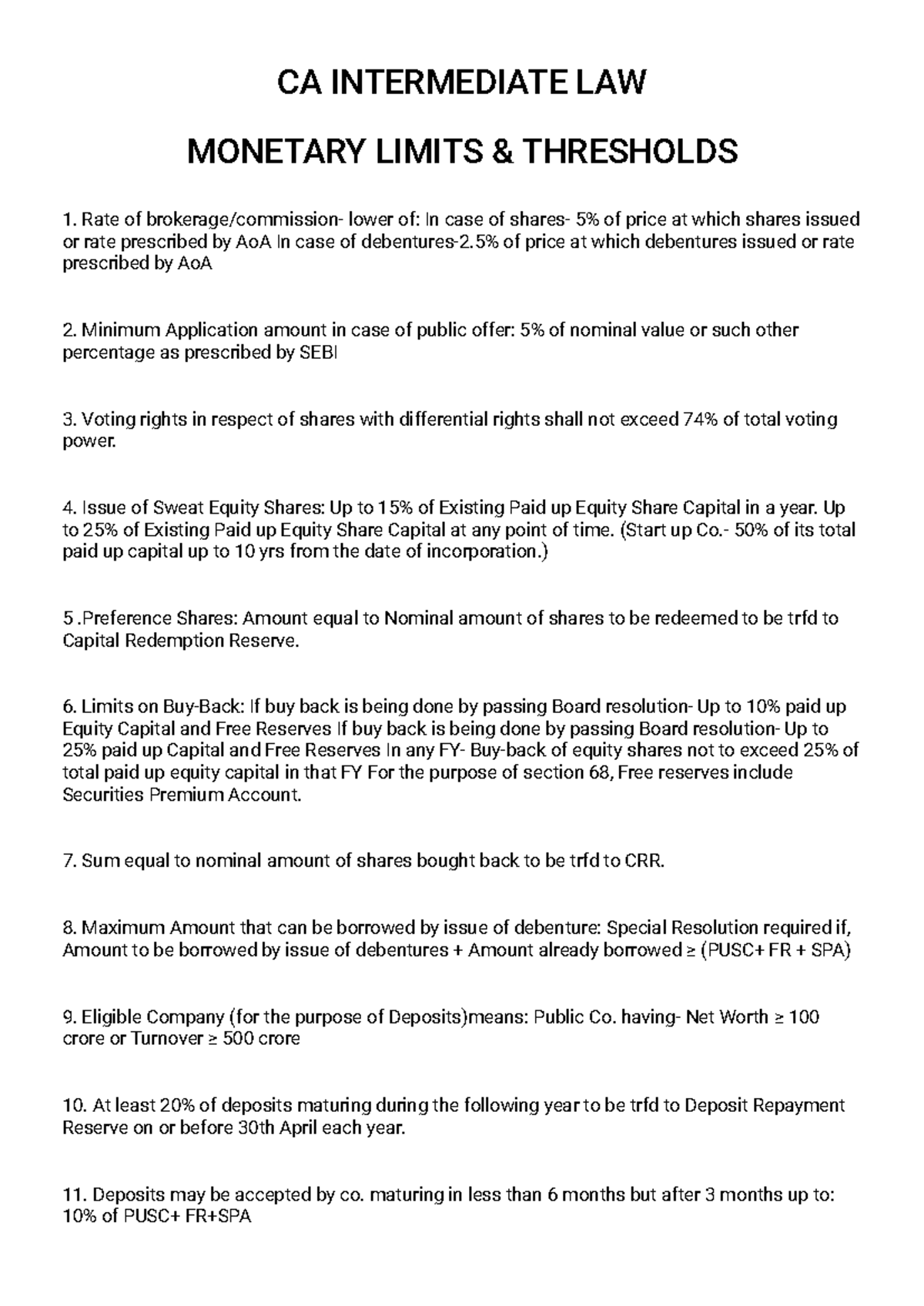 CA Intermediate Law: Summary of Monetary Limits & Thresholds - Studocu
