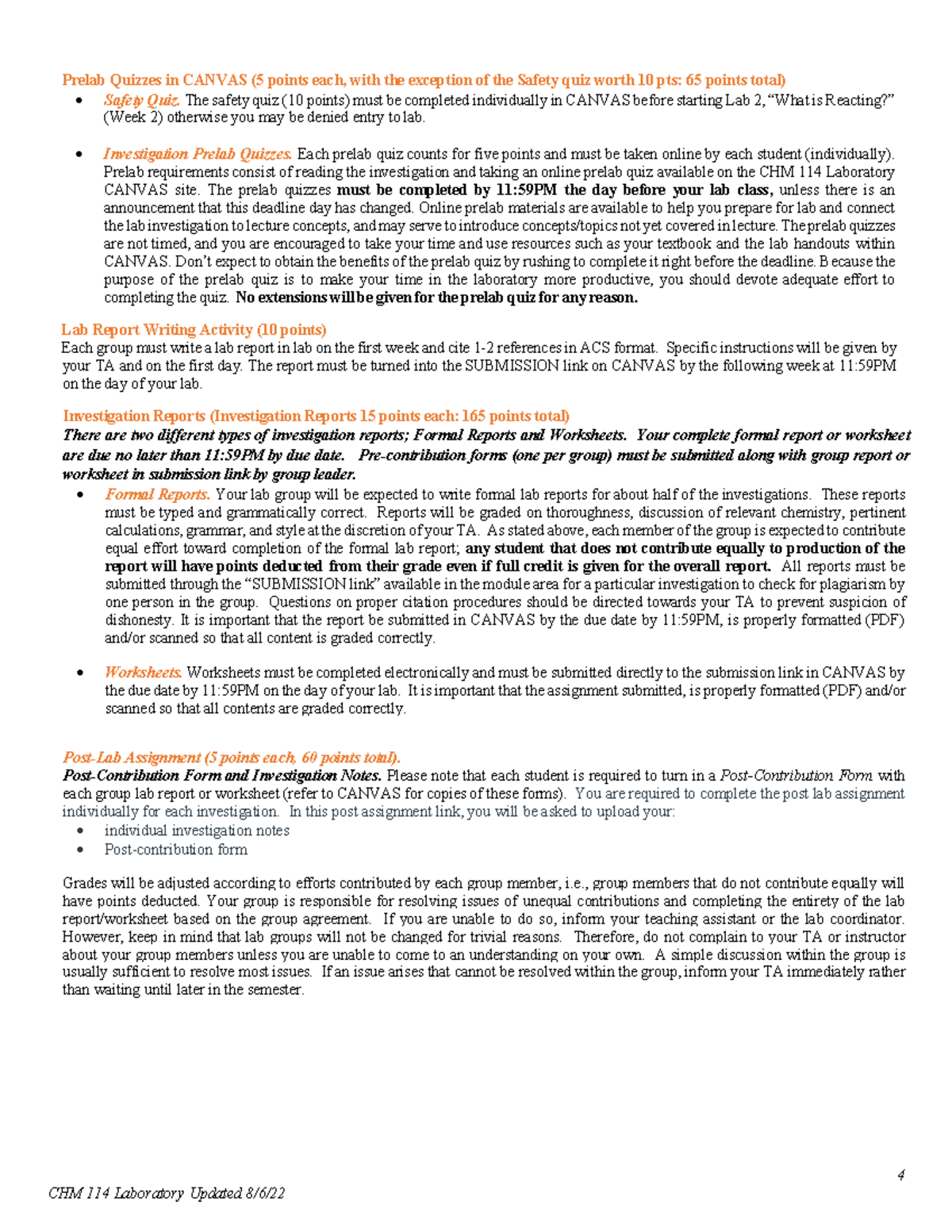 CHM 114 Fall Syllabus: Important Info for Lab Reports & Quizzes - Studocu