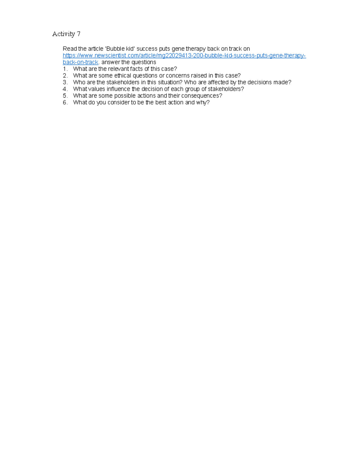 Activity 7: Gene Therapy Case Study Analysis and Reflection - Studocu