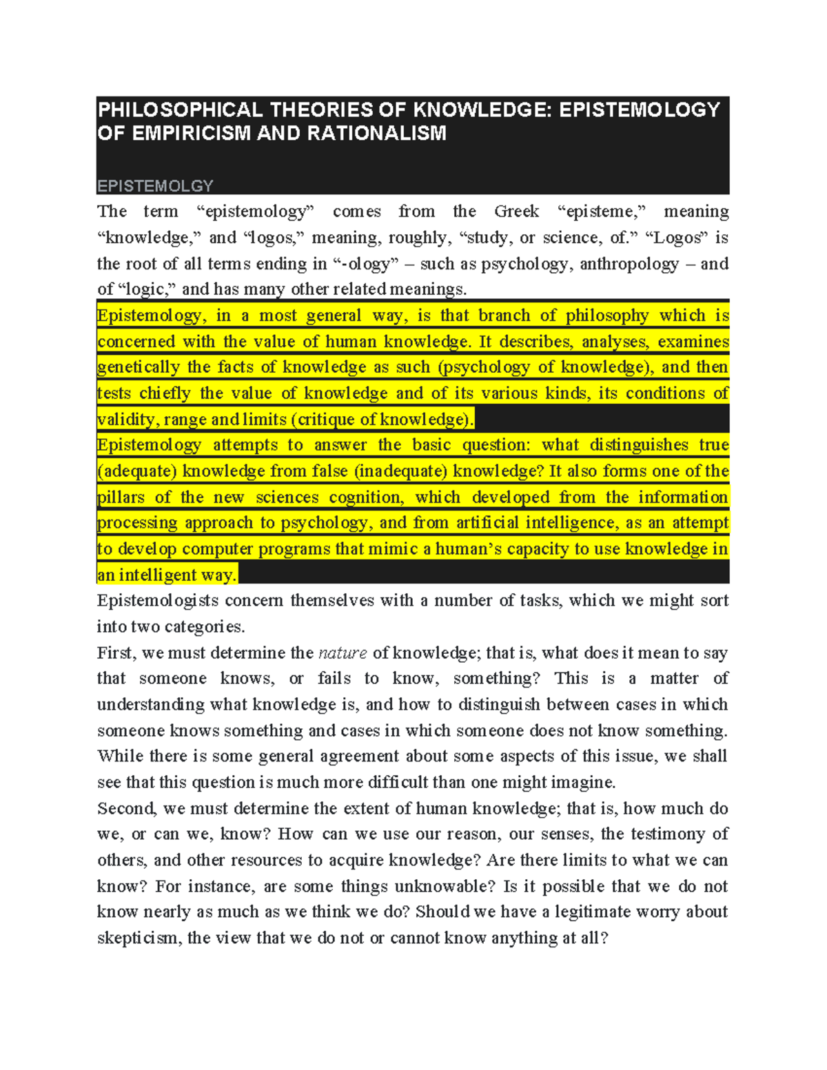 Philosophical Theories OF Knowledge - PHILOSOPHICAL THEORIES OF ...