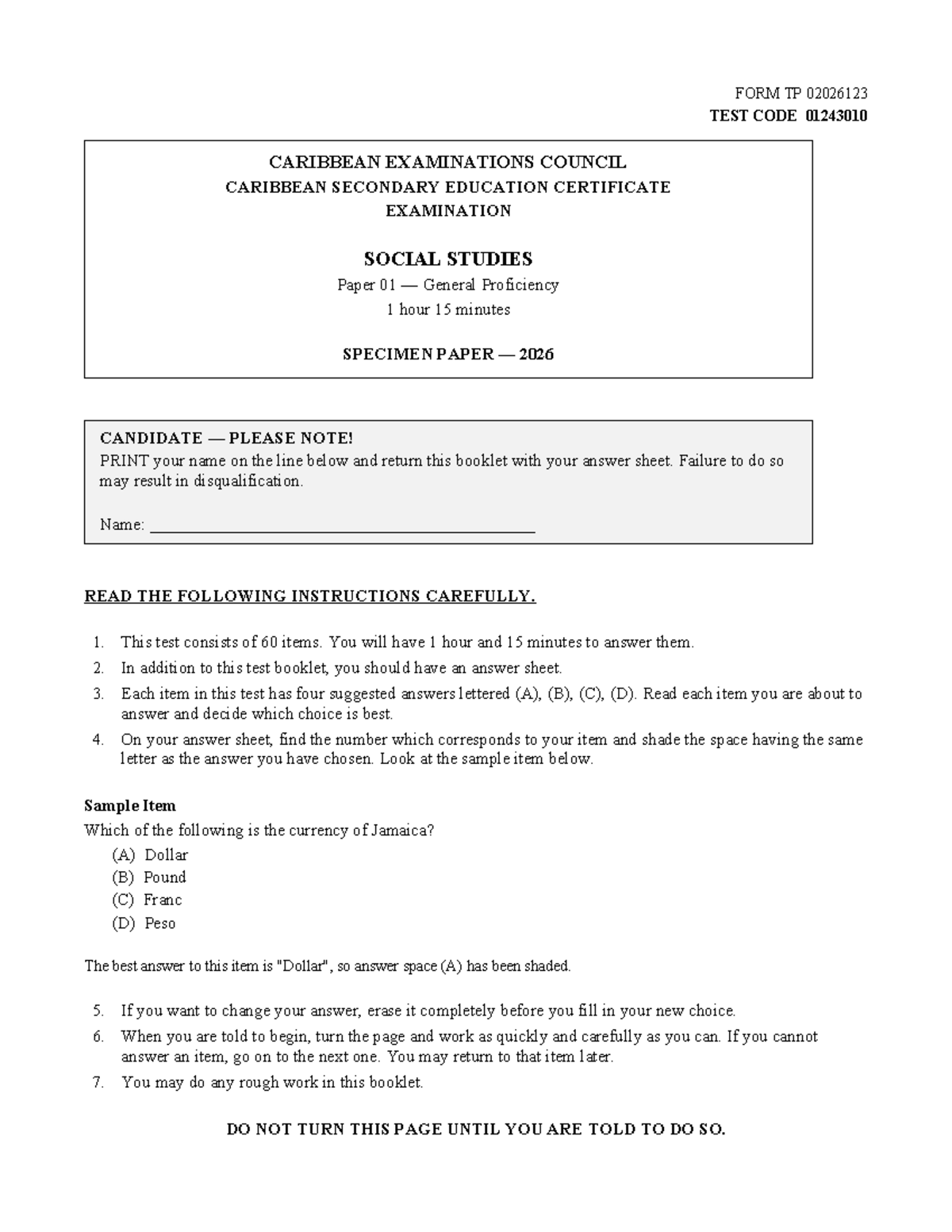 CSEC Social Studies Paper 01 Specimen 2026 Exam Guide - Studocu