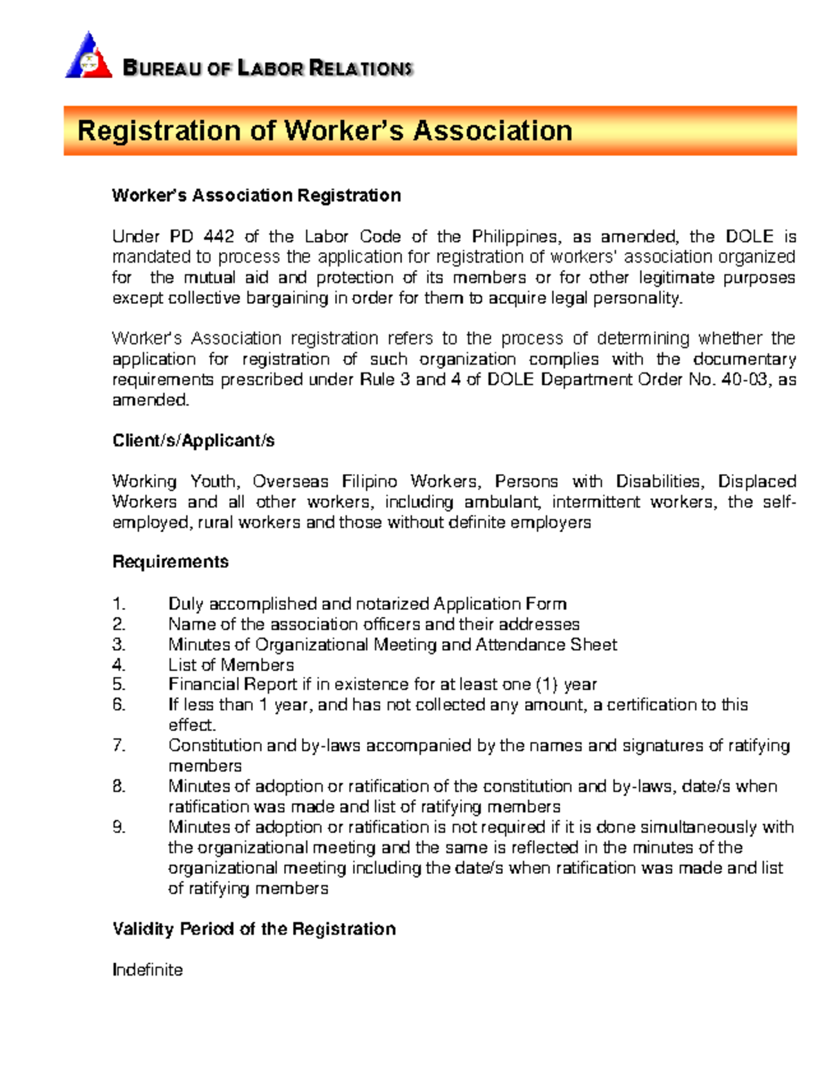 Registration of Workers Association Under PD 442 - DOLE Guidelines ...