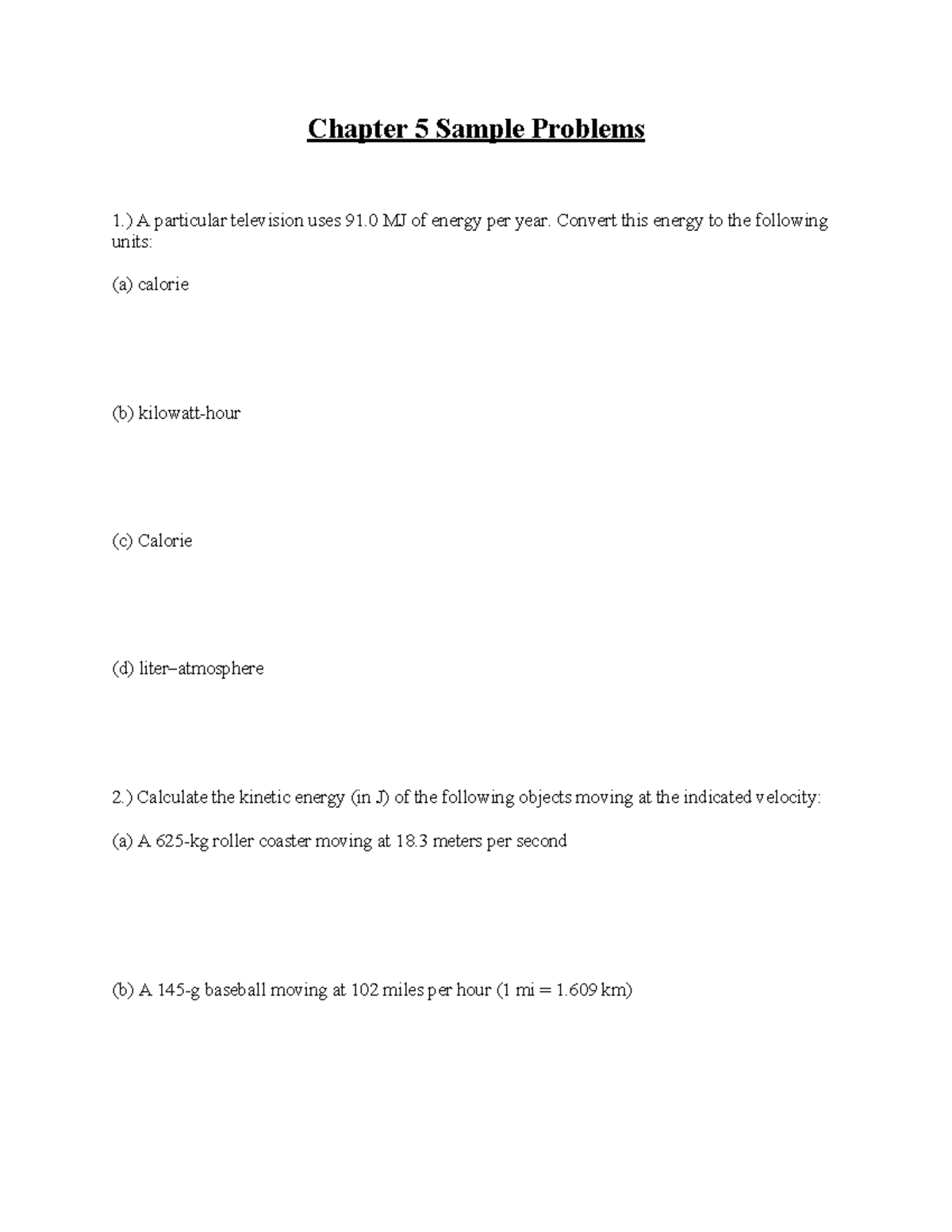 Chapter 5 sample problems for energy calculations and conversions - Studocu