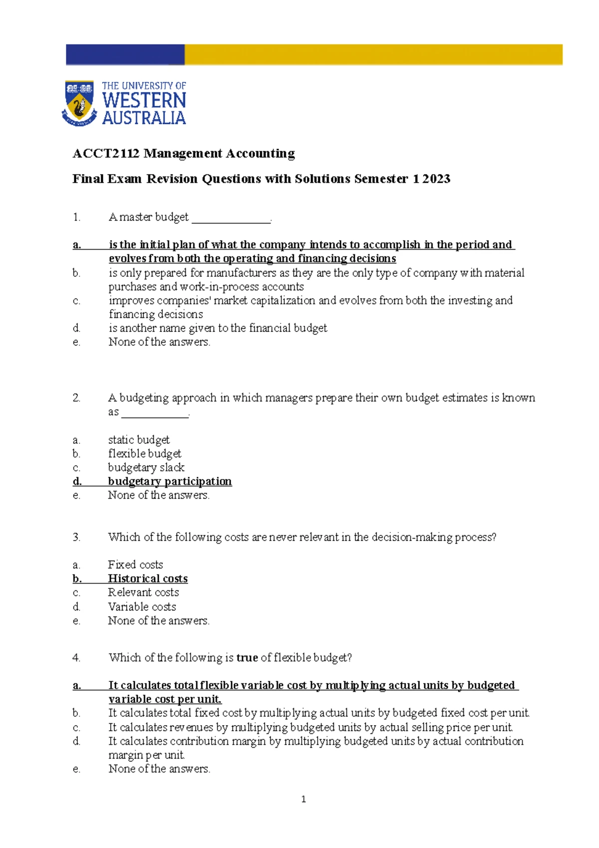ACCT2112 Management Accounting Final Exam Revision Questions ...