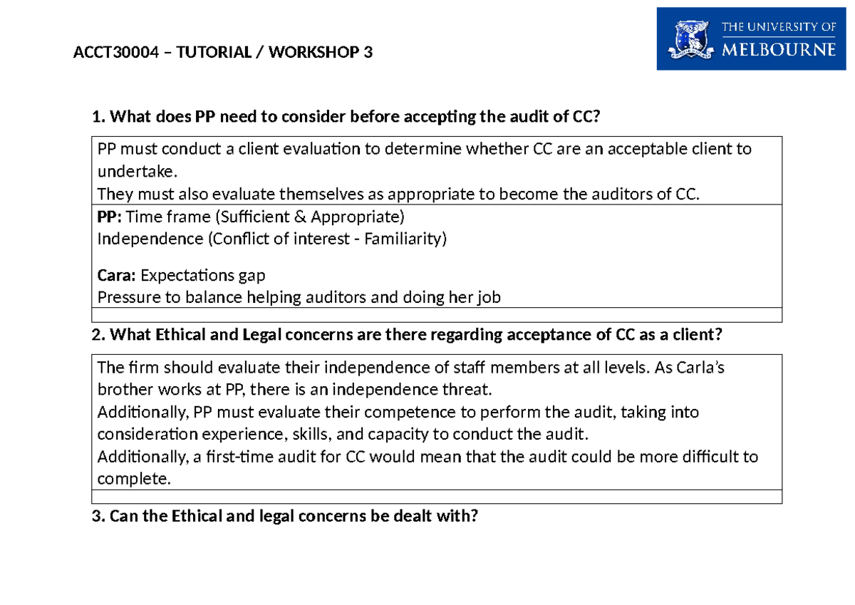 Audit Tutorial 3: Evaluating Client Acceptance for CC Audit - Studocu