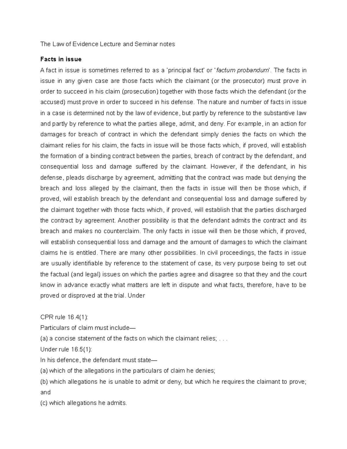 The Law of Evidence Lecture & Seminar Notes (LE 101) - Studocu