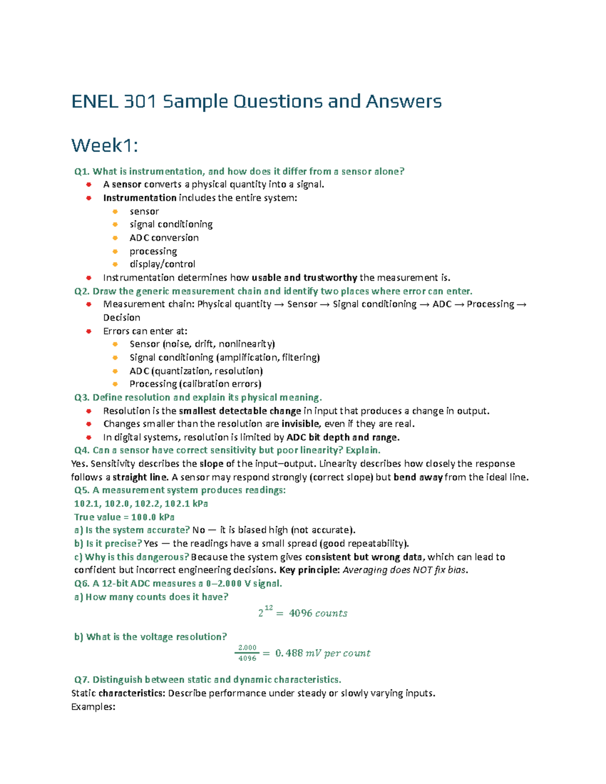 ENEL 301 Week 1 Sample Q&A on Instrumentation and Sensors - Studocu
