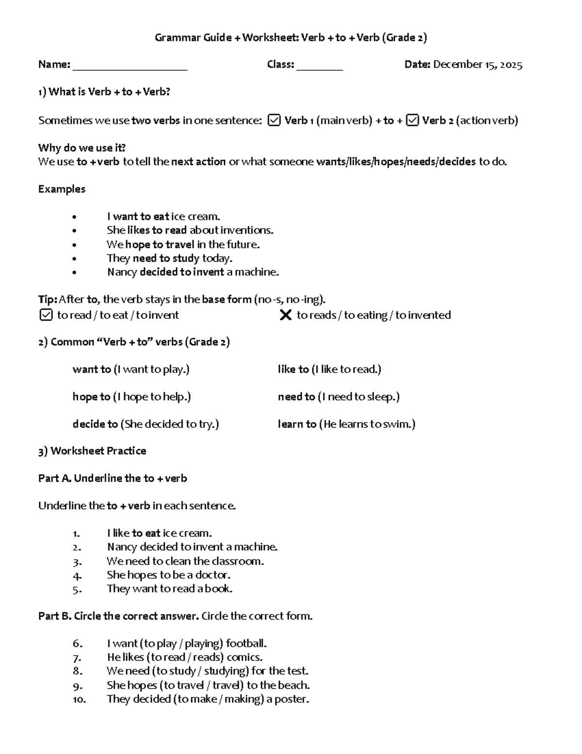 Grade 2 Grammar Guide: Verb to Verb Worksheet (Week 18) - Studocu