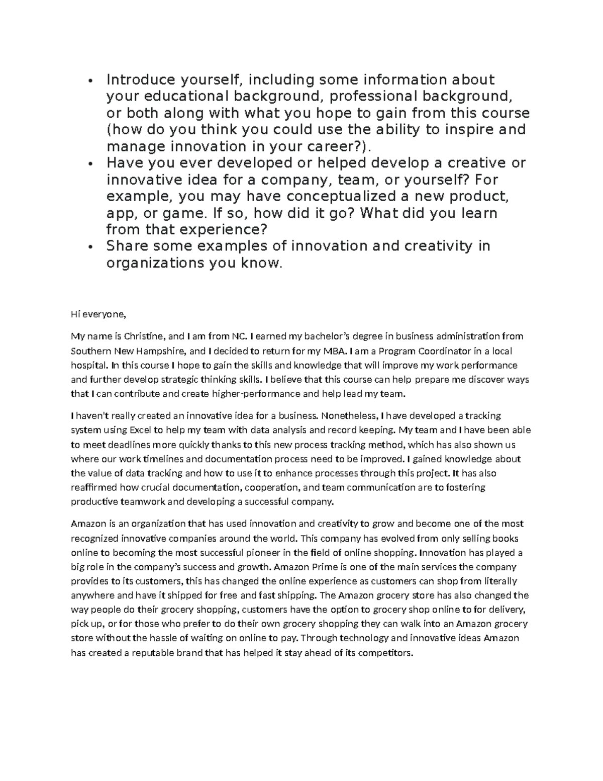 MBA 580 WEEK 1 Discussion POST - Introduce yourself, including some ...