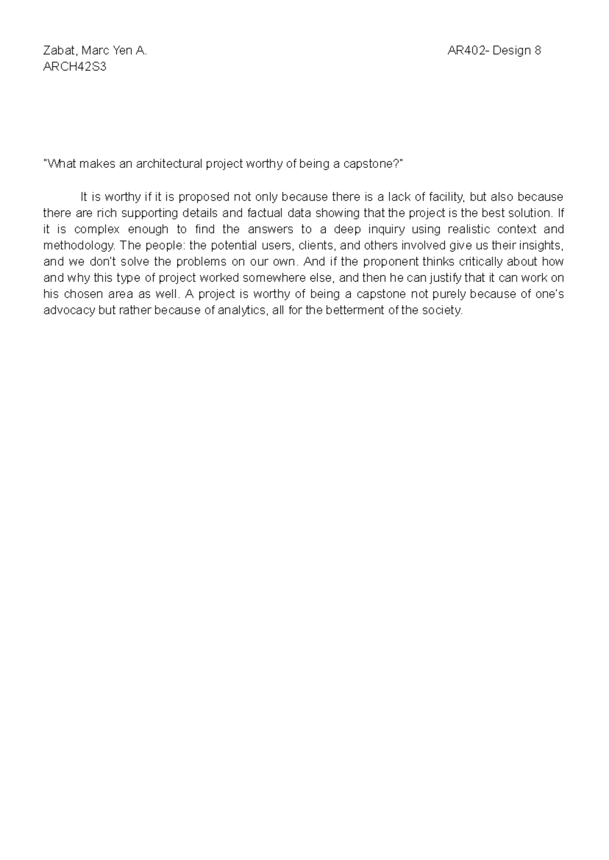 ARCH42S3 Design 8 Capstone Project Reflection and Insights - Studocu
