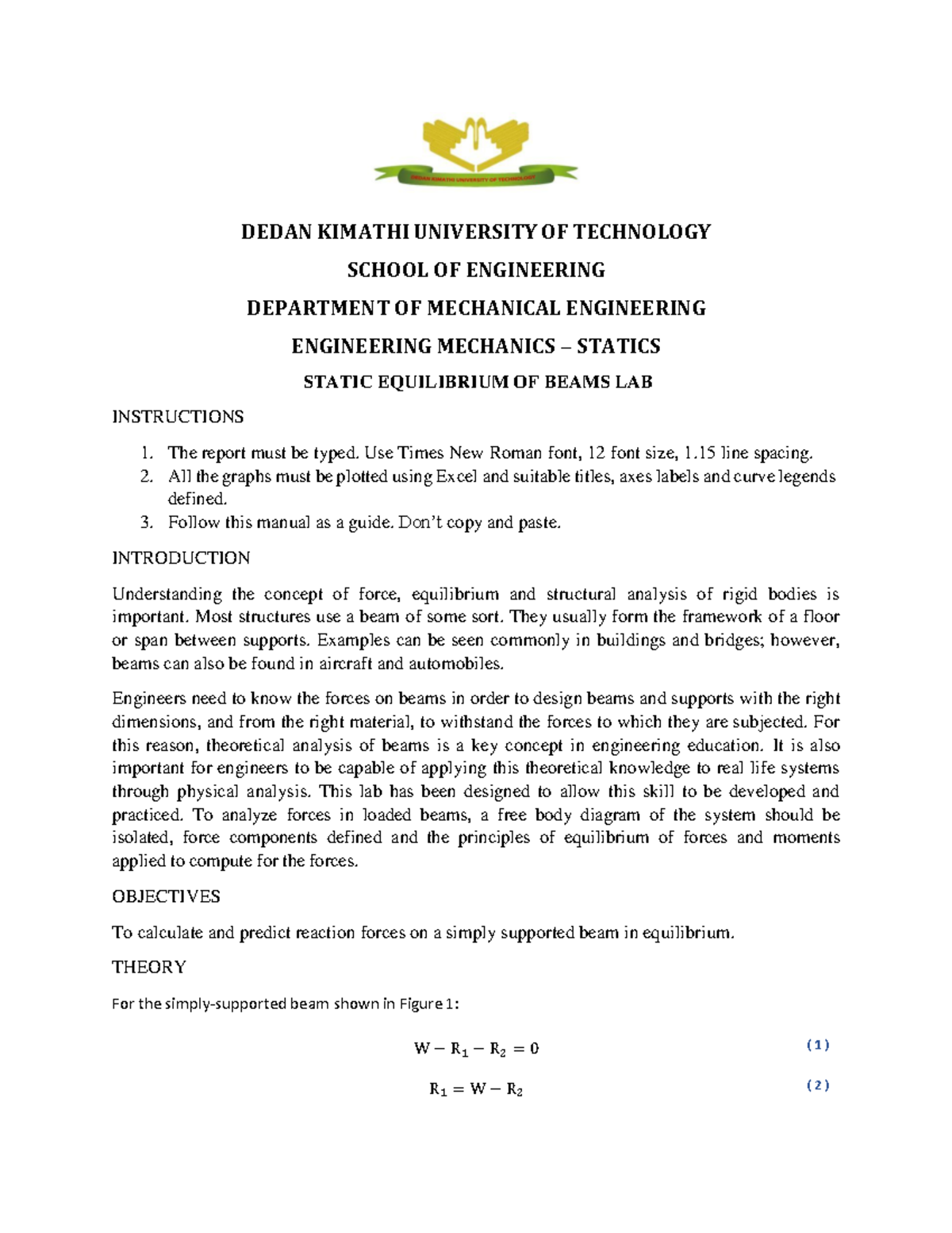 Mechanics Statics Lab - Static Equilibrium of Beams Instructions - Studocu