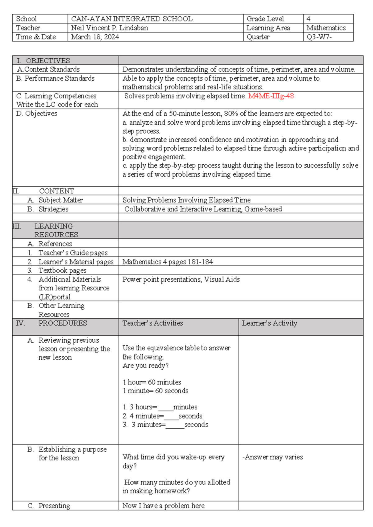Math 4 Lesson Plan: Solving Word Problems with Elapsed Time - Studocu