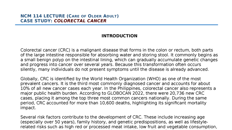 NCM 114 LECTURE (C ARE OF OLDER ADULT) CASE STUDY: COLORECTAL CANCER IN ...