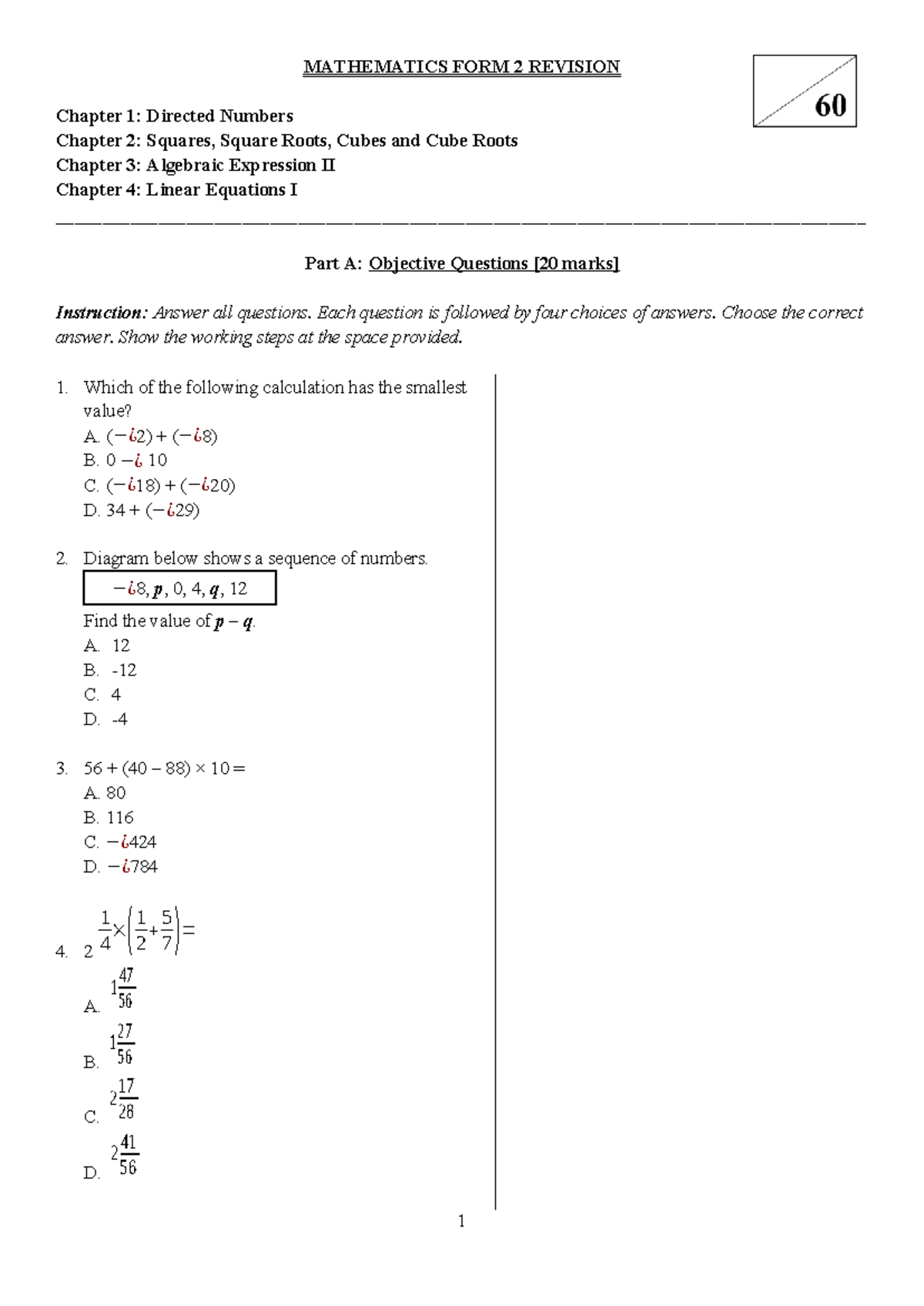MATHEMATICS FORM 2 REVISION: Directed Numbers & Algebraic Expressions ...