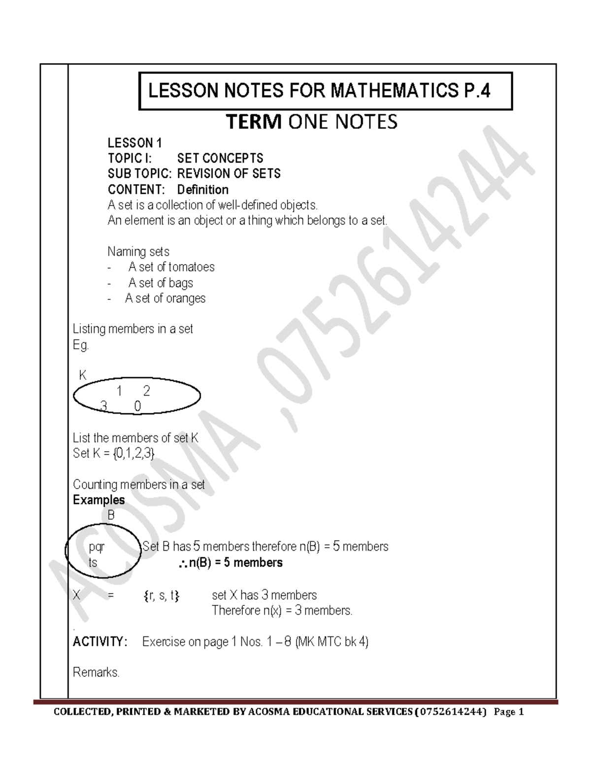 MATHEMATICS P.4 TERM ONE LESSON NOTES ON SET CONCEPTS - Studocu