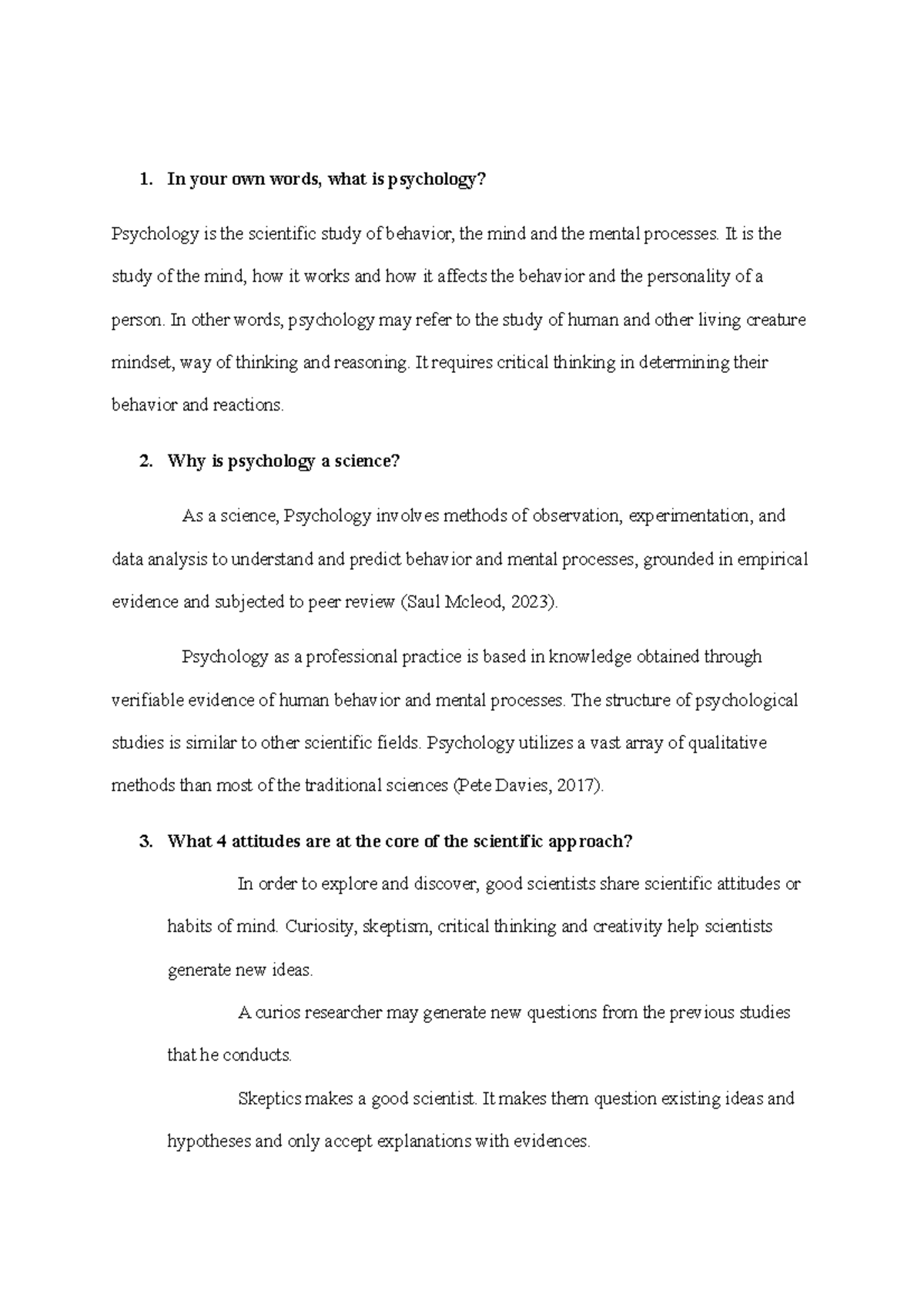 Psychology 101: Key Concepts and Answers to Exam Questions - Studocu
